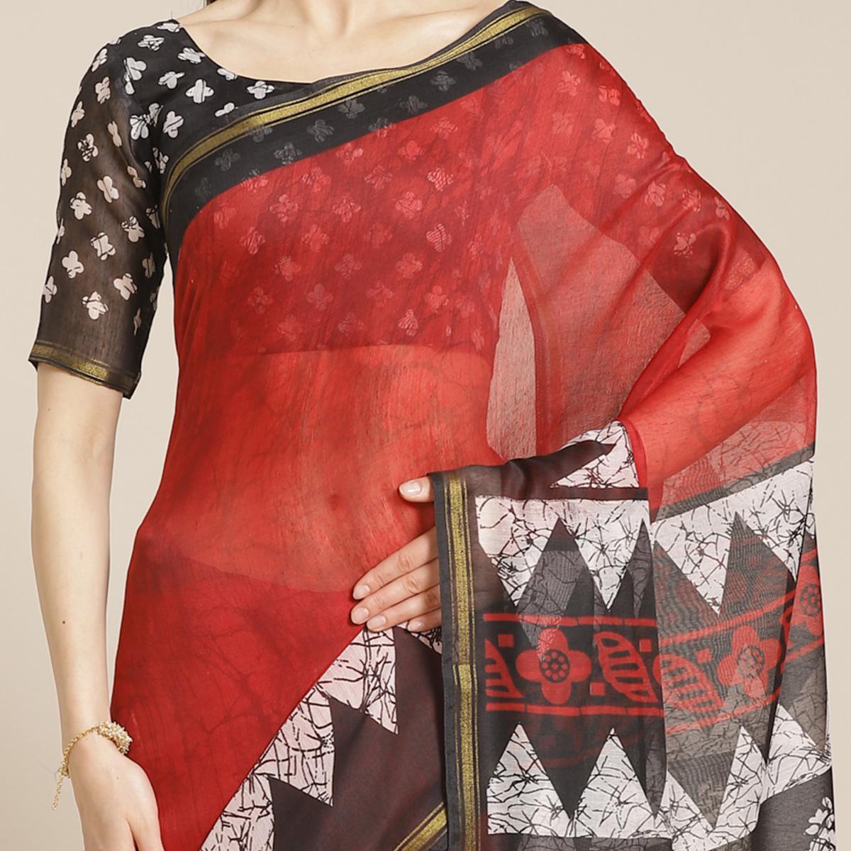 Mesmeric Red - Black Colored Casual Wear Printed Silk Blend Saree - Peachmode