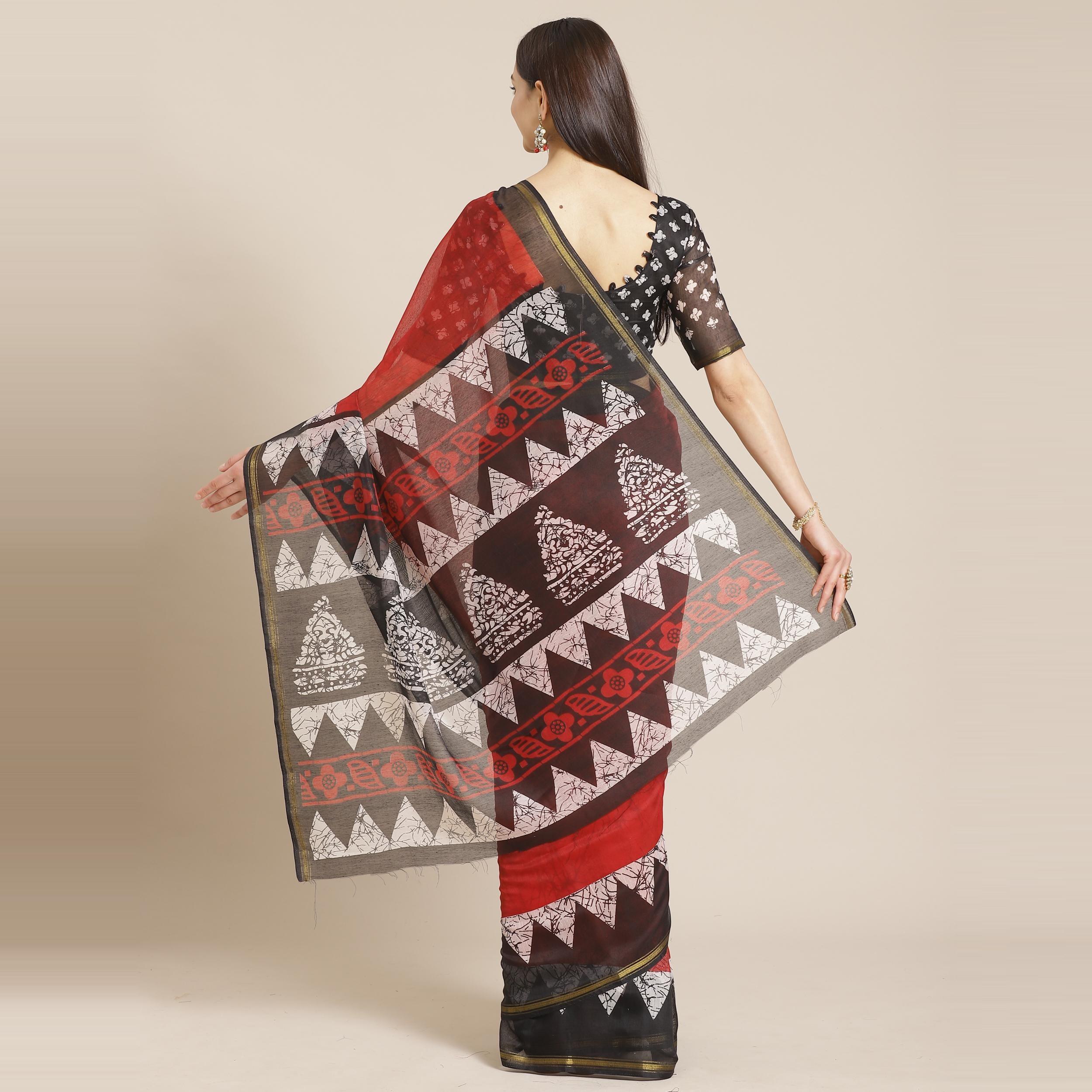 Mesmeric Red - Black Colored Casual Wear Printed Silk Blend Saree - Peachmode