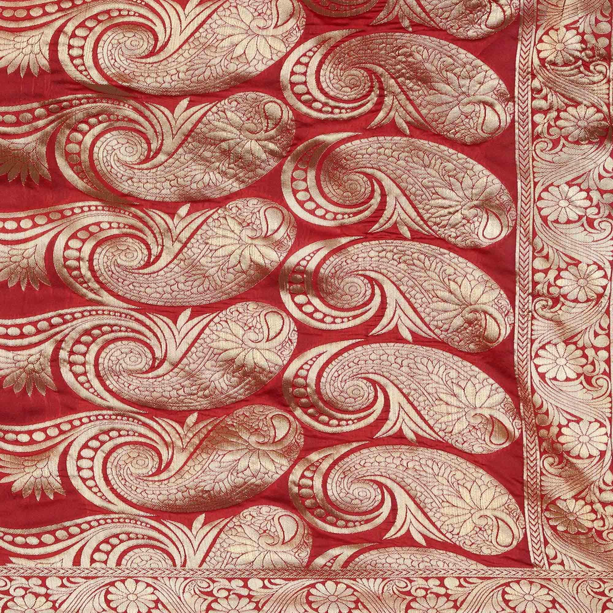Mesmeric Red - Black Colored Festive Wear Woven Silk Blend Saree - Peachmode