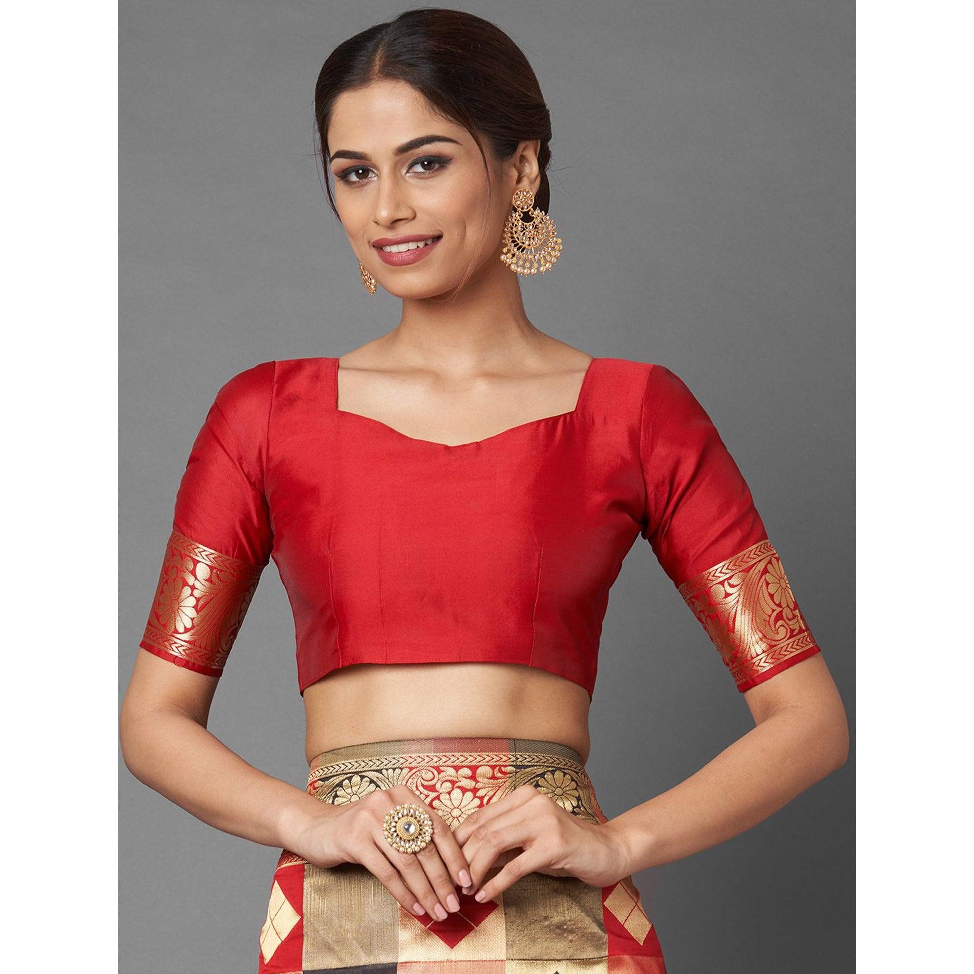 Mesmeric Red - Black Colored Festive Wear Woven Silk Blend Saree - Peachmode