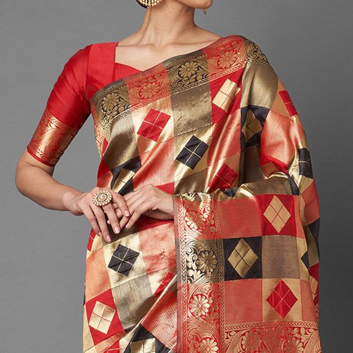 Mesmeric Red - Black Colored Festive Wear Woven Silk Blend Saree - Peachmode