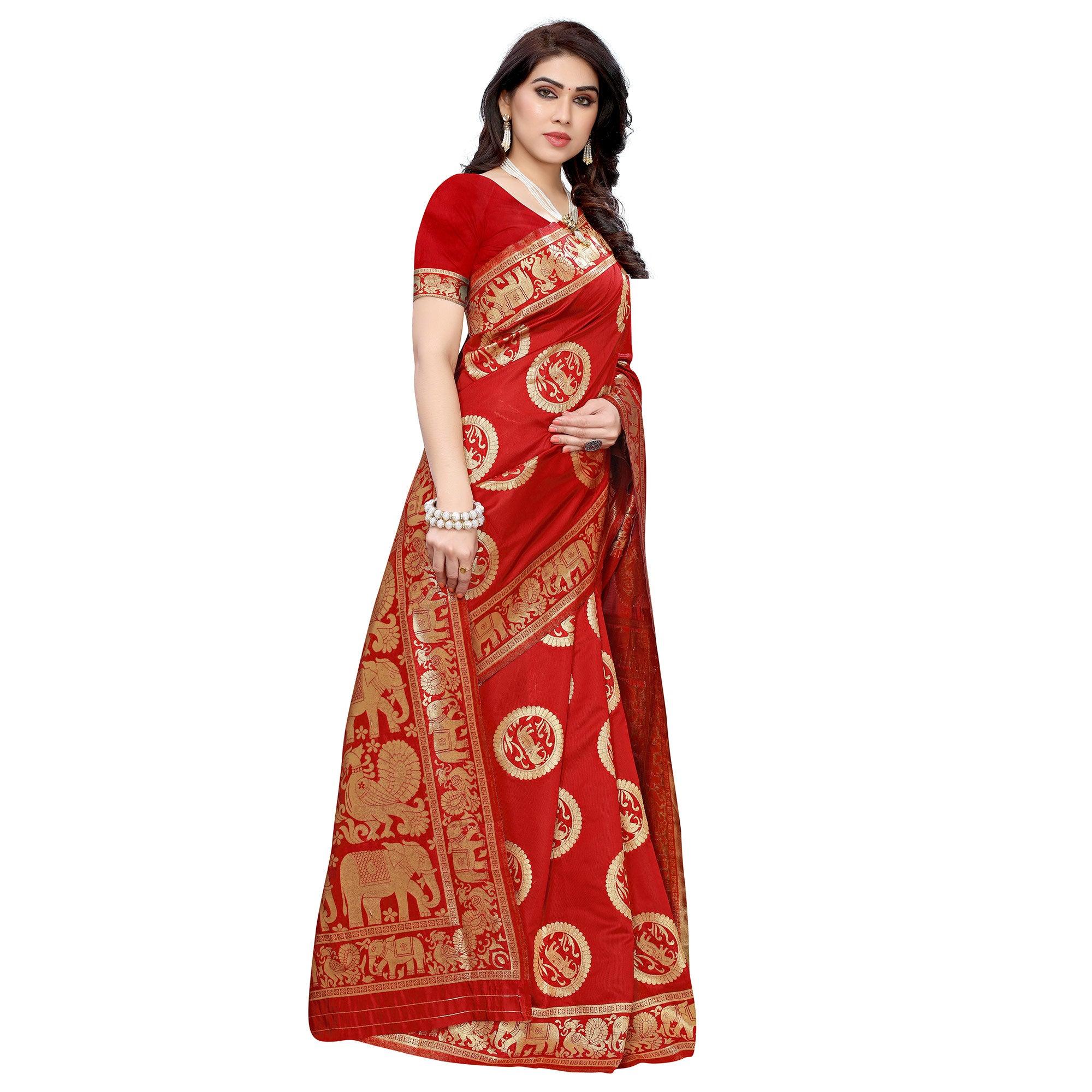 Mesmeric Red Colored Festive Wear Woven Jacquard Saree - Peachmode
