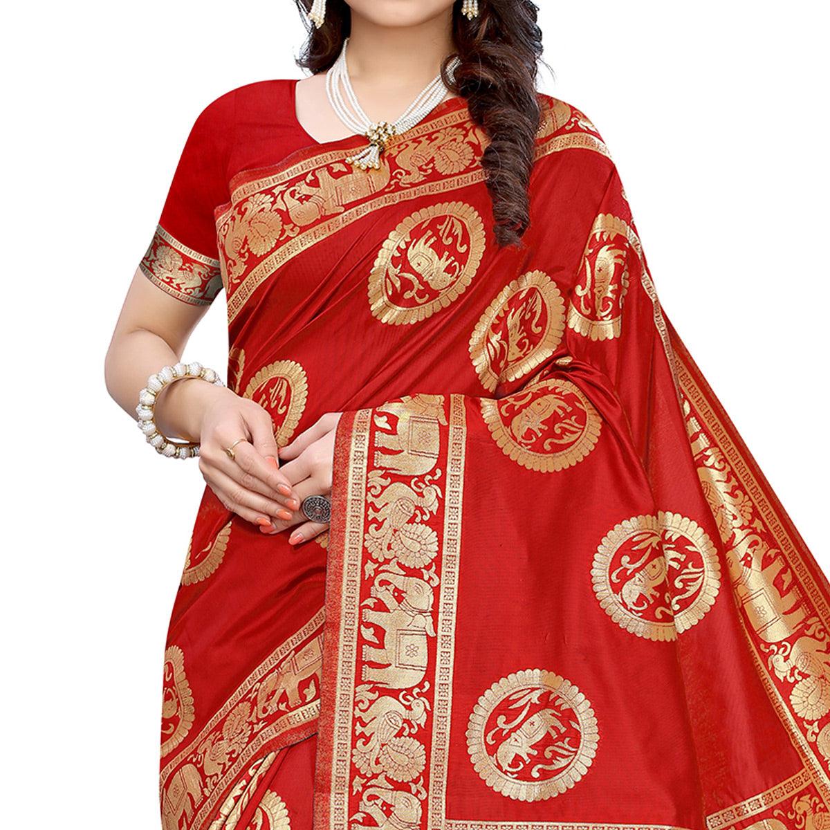 Mesmeric Red Colored Festive Wear Woven Jacquard Saree - Peachmode