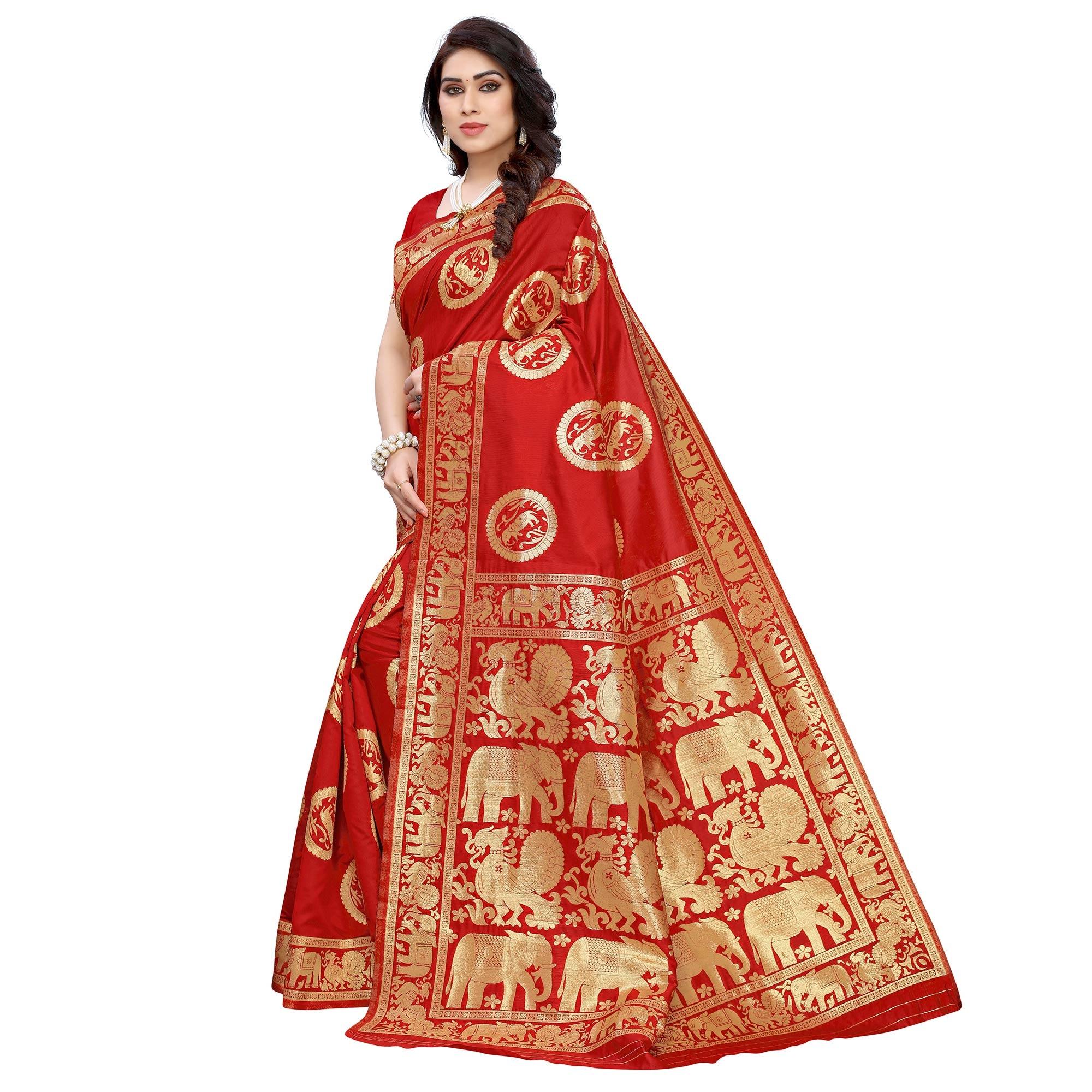 Mesmeric Red Colored Festive Wear Woven Jacquard Saree - Peachmode