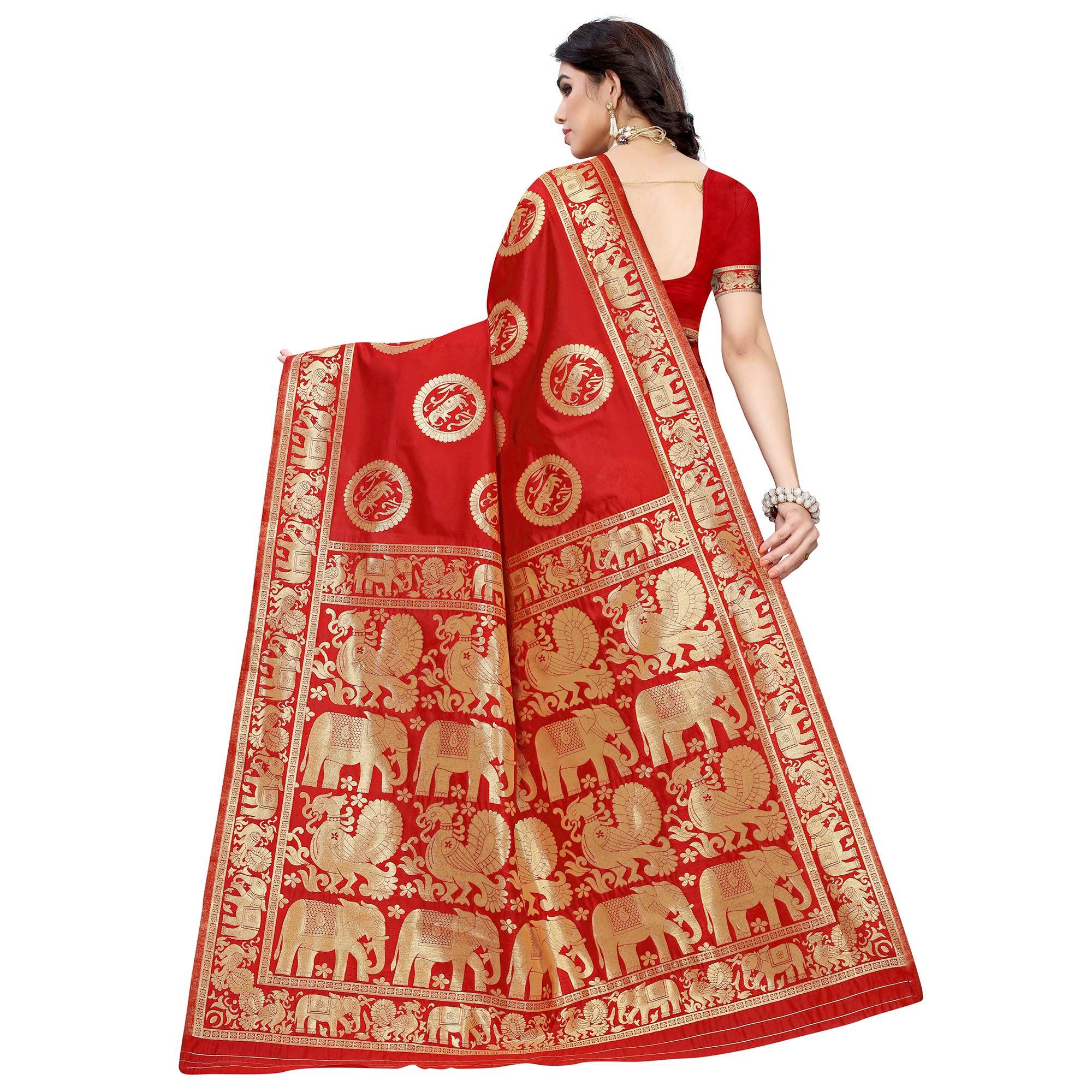 Mesmeric Red Colored Festive Wear Woven Jacquard Saree - Peachmode