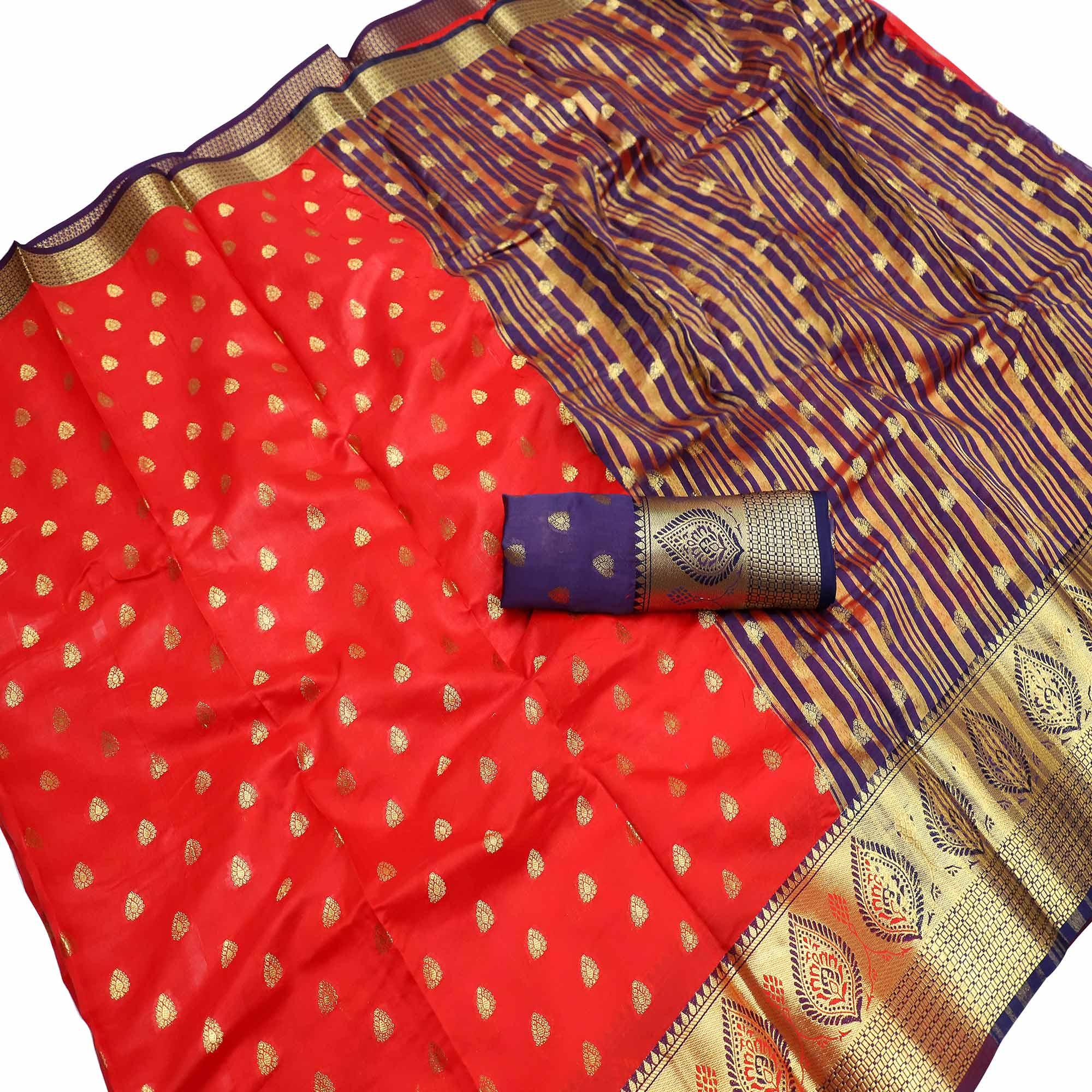 Mesmeric Red Colored Festive Wear Woven Litchi Kota Silk Saree - Peachmode