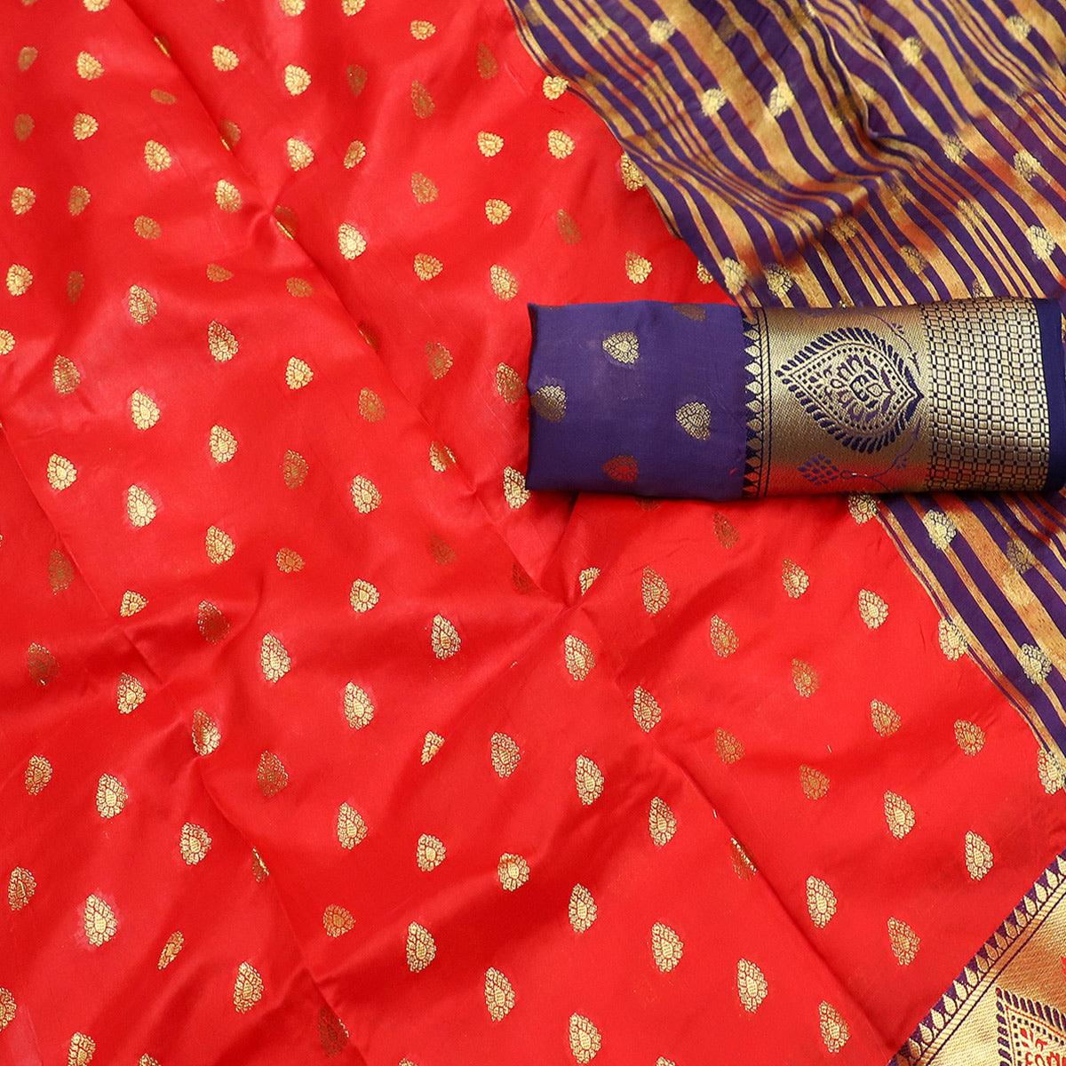 Mesmeric Red Colored Festive Wear Woven Litchi Kota Silk Saree - Peachmode