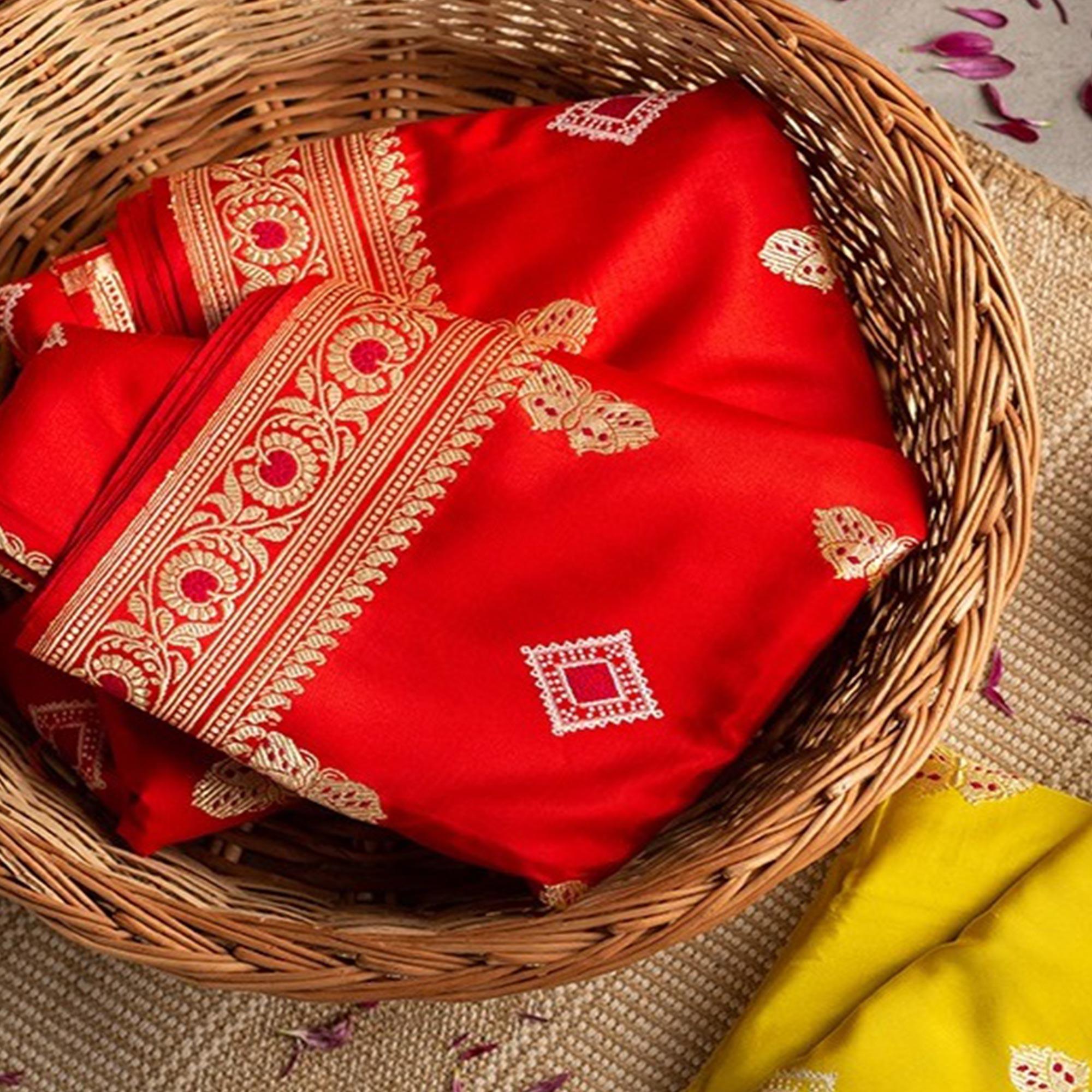 Mesmeric Red Colored Festive Woven Banarasi Silk Saree - Peachmode