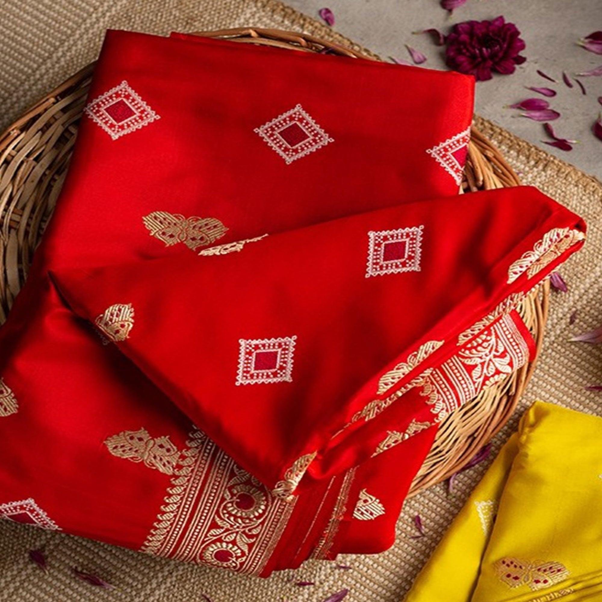 Mesmeric Red Colored Festive Woven Banarasi Silk Saree - Peachmode