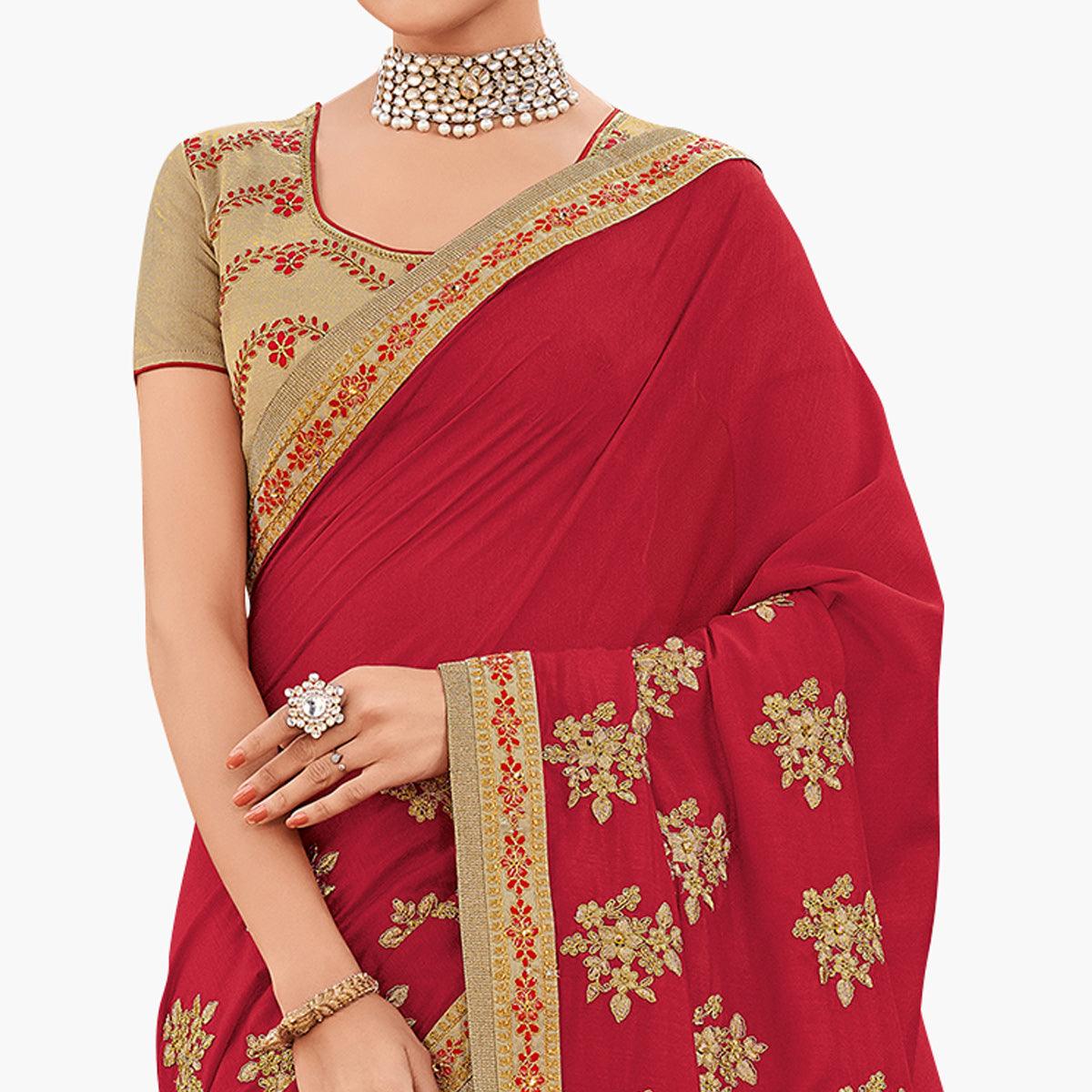 Mesmeric Red Colored Partywear Embroidered Silk Saree - Peachmode