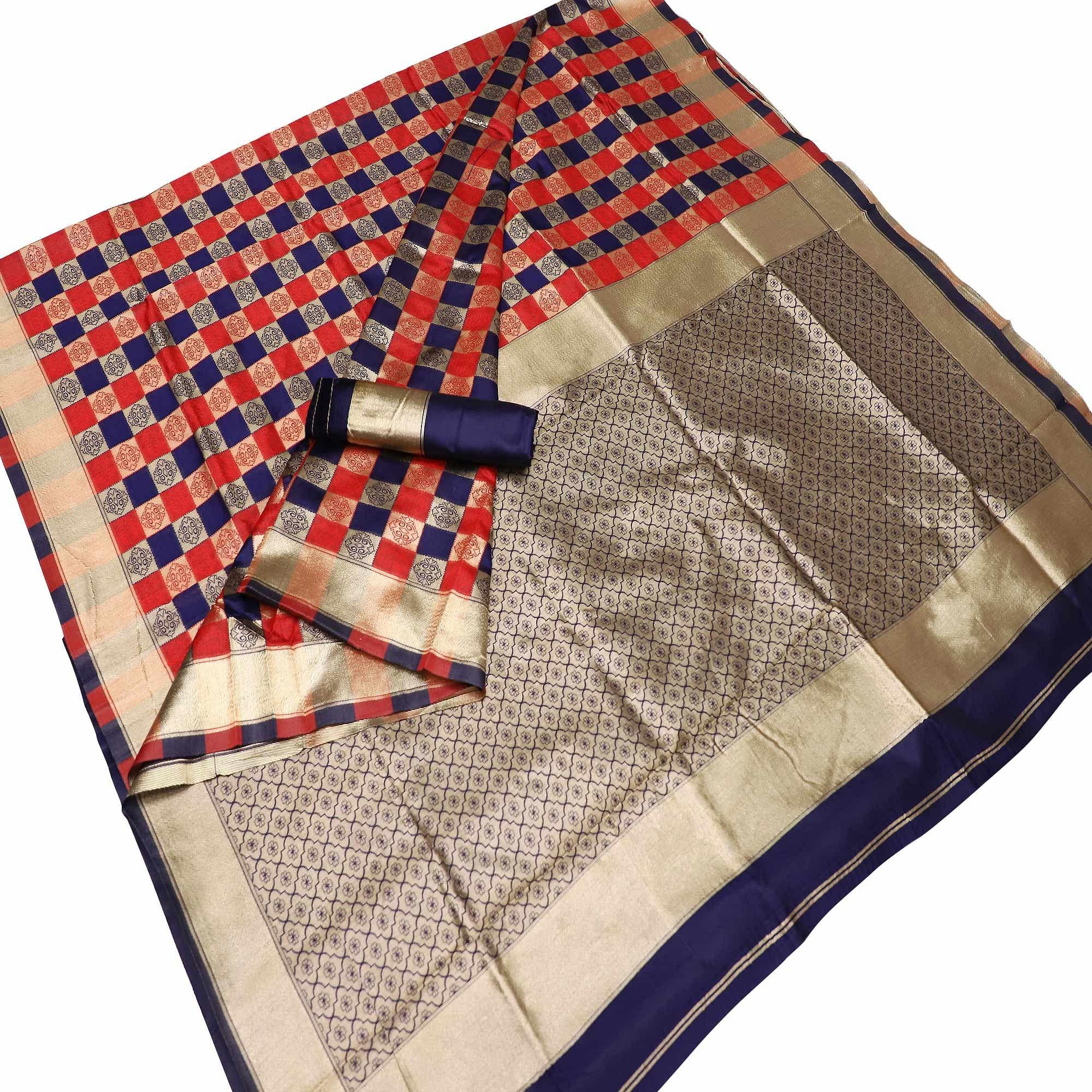 Mesmeric Red-Navy Blue Colored Festive Wear Checks Woven Kota Silk Saree - Peachmode