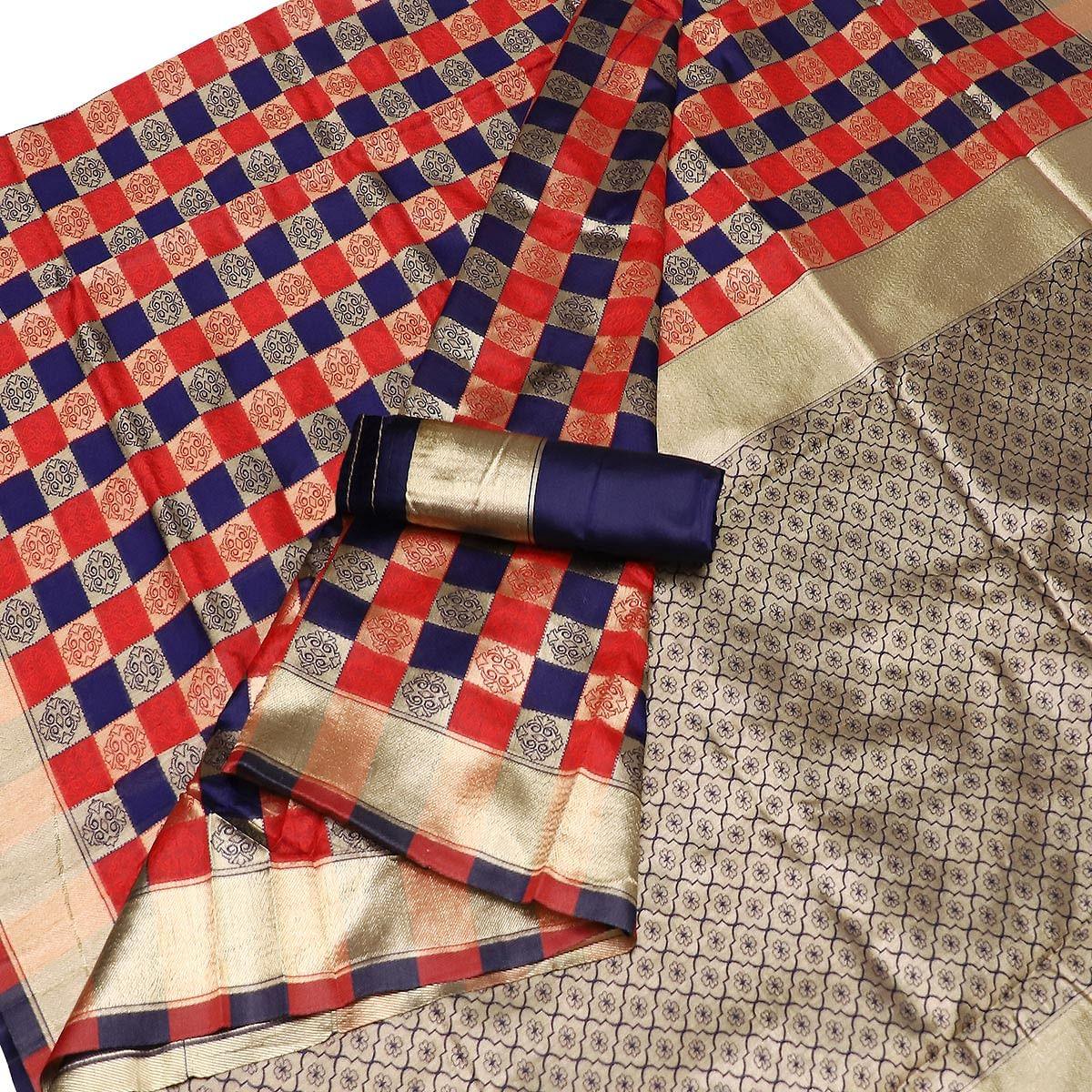 Mesmeric Red-Navy Blue Colored Festive Wear Checks Woven Kota Silk Saree - Peachmode