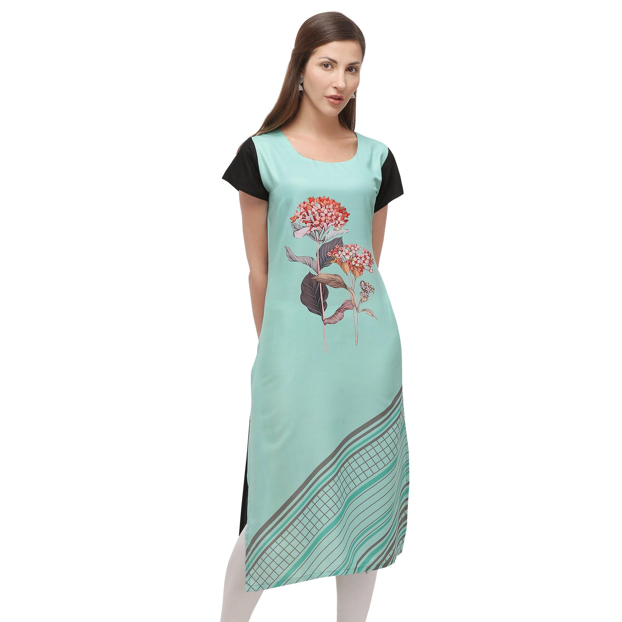 Mesmeric Turqouise Coloured Digital Printed Casual Wear Kurti - Peachmode