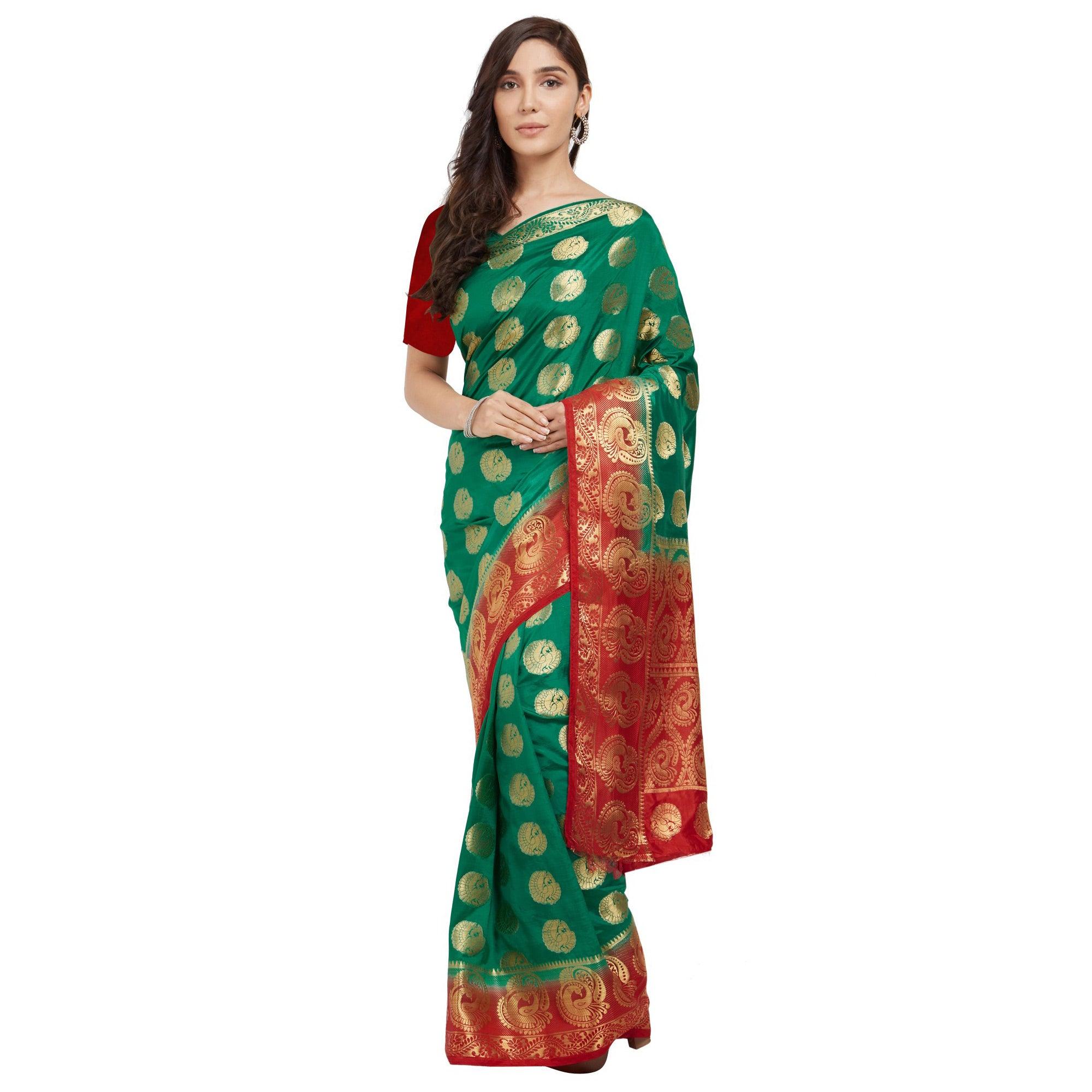 Mesmeric Turquoise Green Colored Festive Wear Woven Cotton Silk Saree - Peachmode