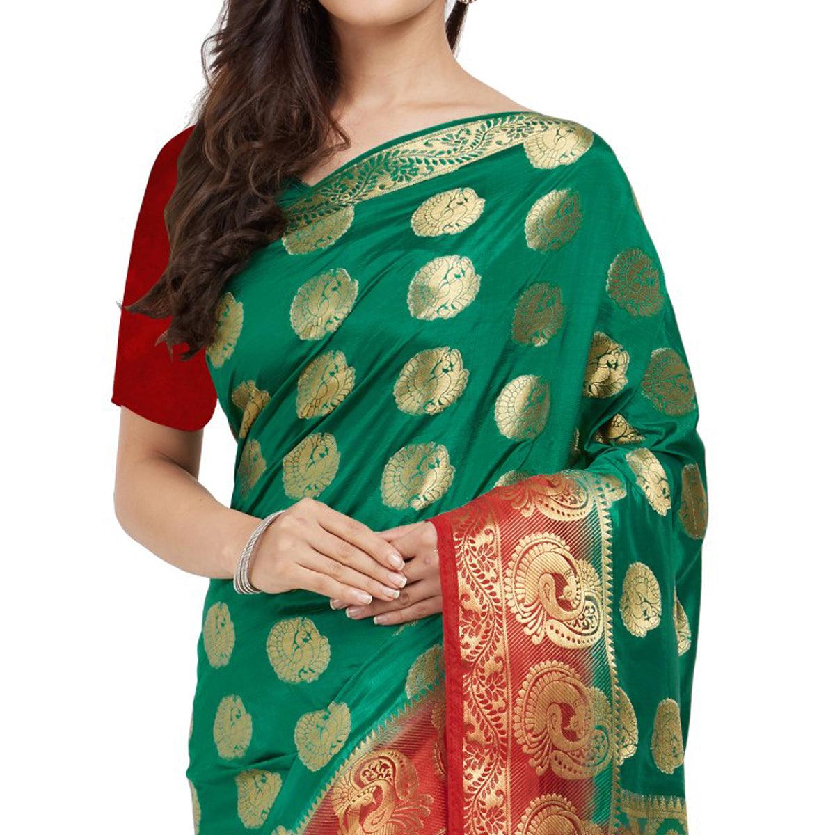 Mesmeric Turquoise Green Colored Festive Wear Woven Cotton Silk Saree - Peachmode