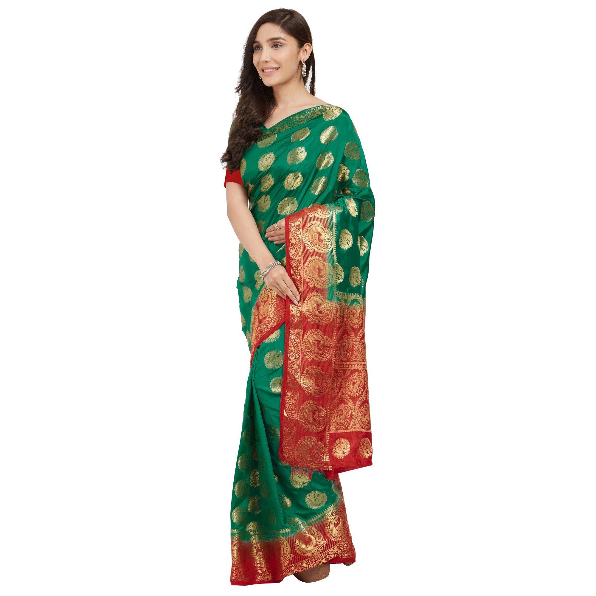 Mesmeric Turquoise Green Colored Festive Wear Woven Cotton Silk Saree - Peachmode