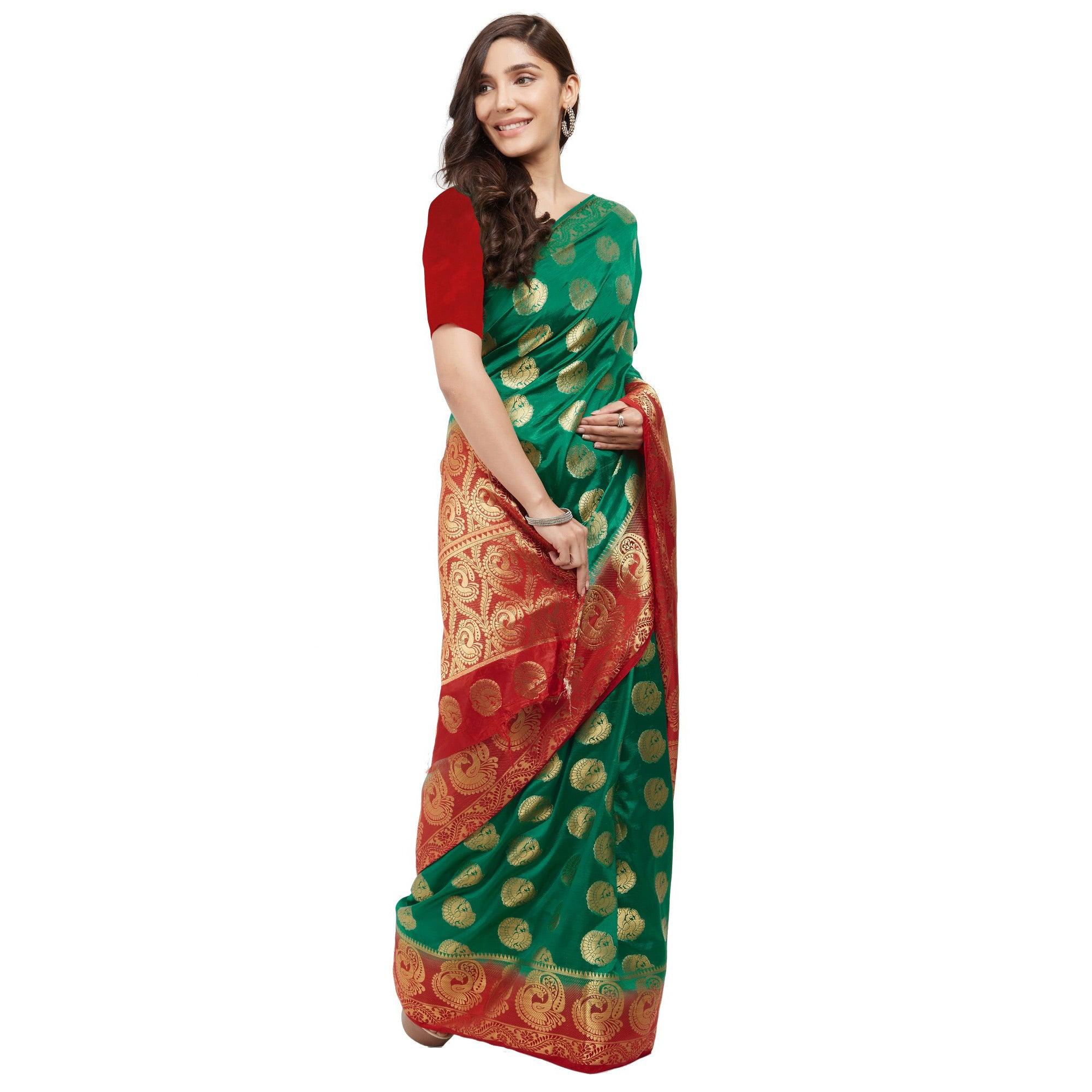 Mesmeric Turquoise Green Colored Festive Wear Woven Cotton Silk Saree - Peachmode