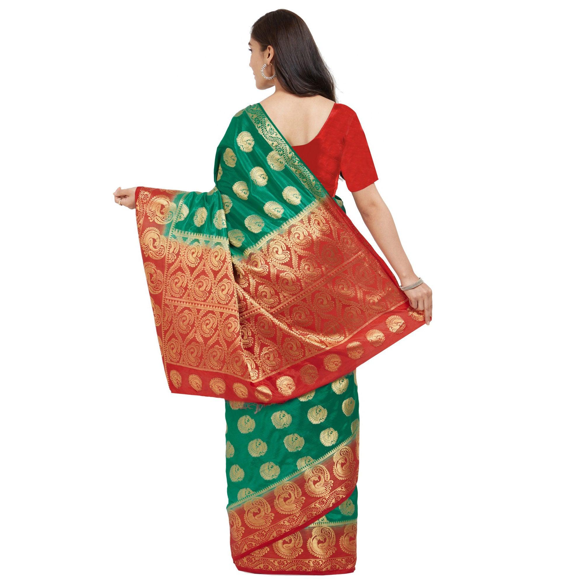Mesmeric Turquoise Green Colored Festive Wear Woven Cotton Silk Saree - Peachmode
