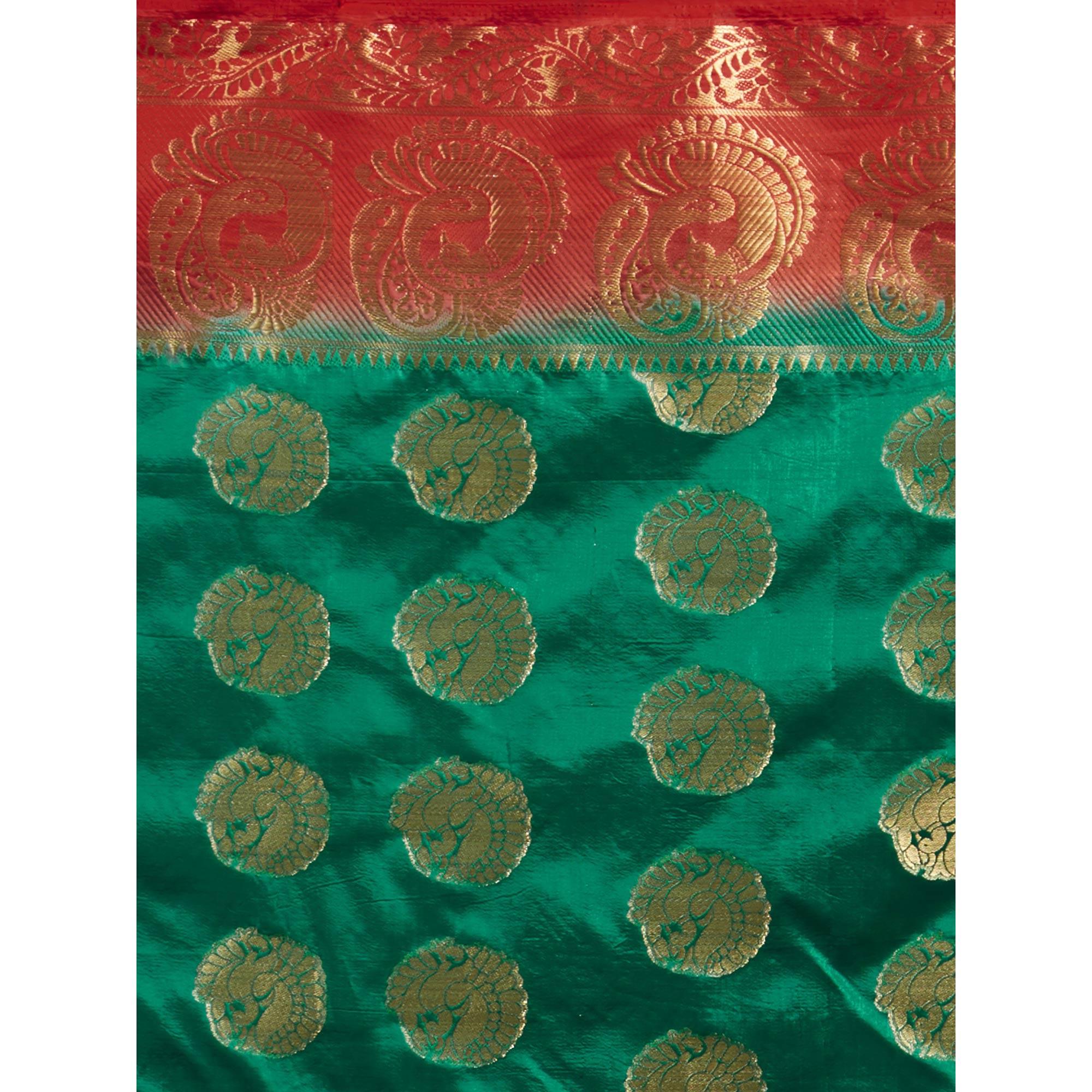 Mesmeric Turquoise Green Colored Festive Wear Woven Cotton Silk Saree - Peachmode