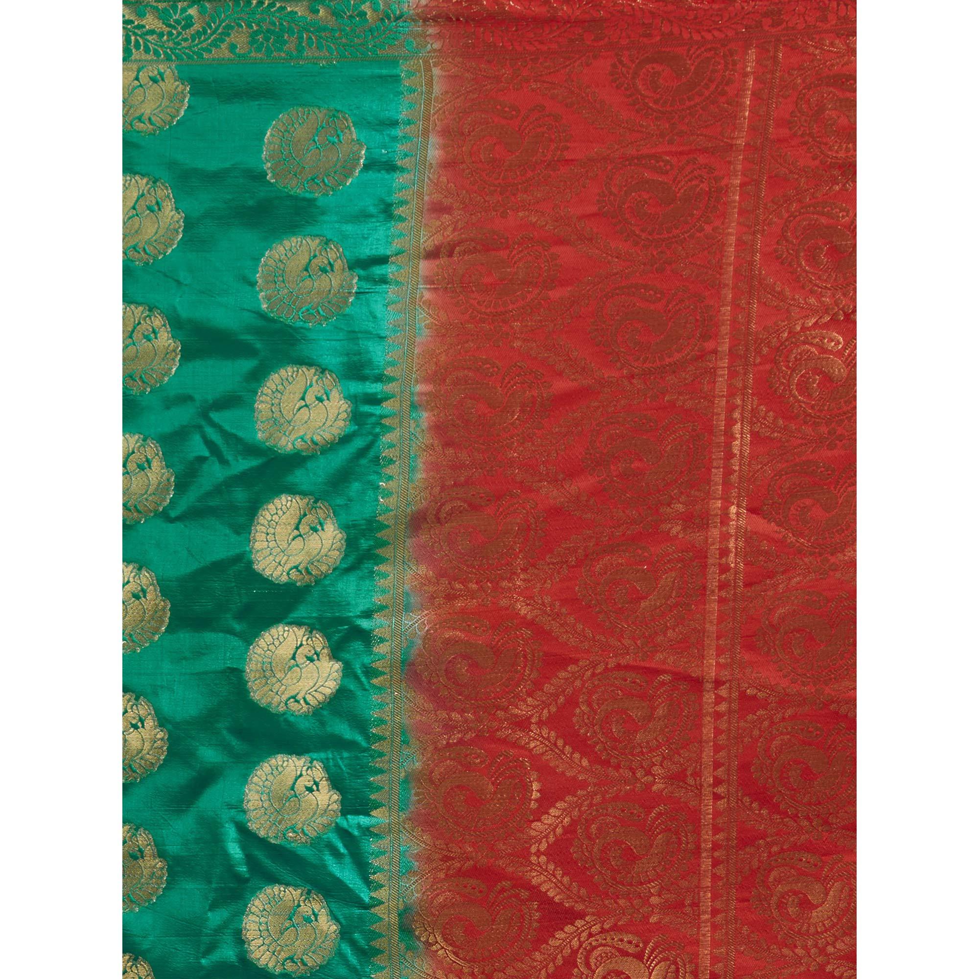 Mesmeric Turquoise Green Colored Festive Wear Woven Cotton Silk Saree - Peachmode
