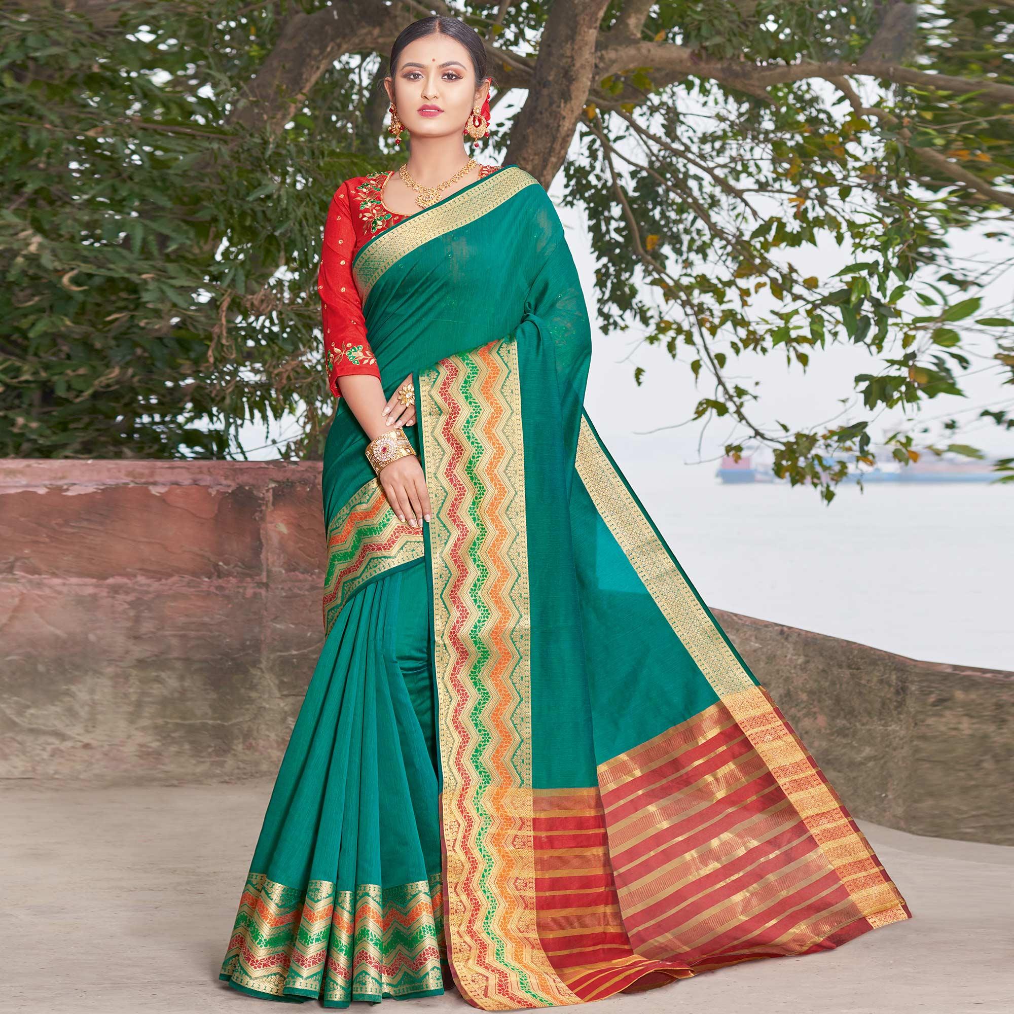 Mesmeric Turquoise Green Colored Festive Wear Woven Handloom Silk Saree - Peachmode