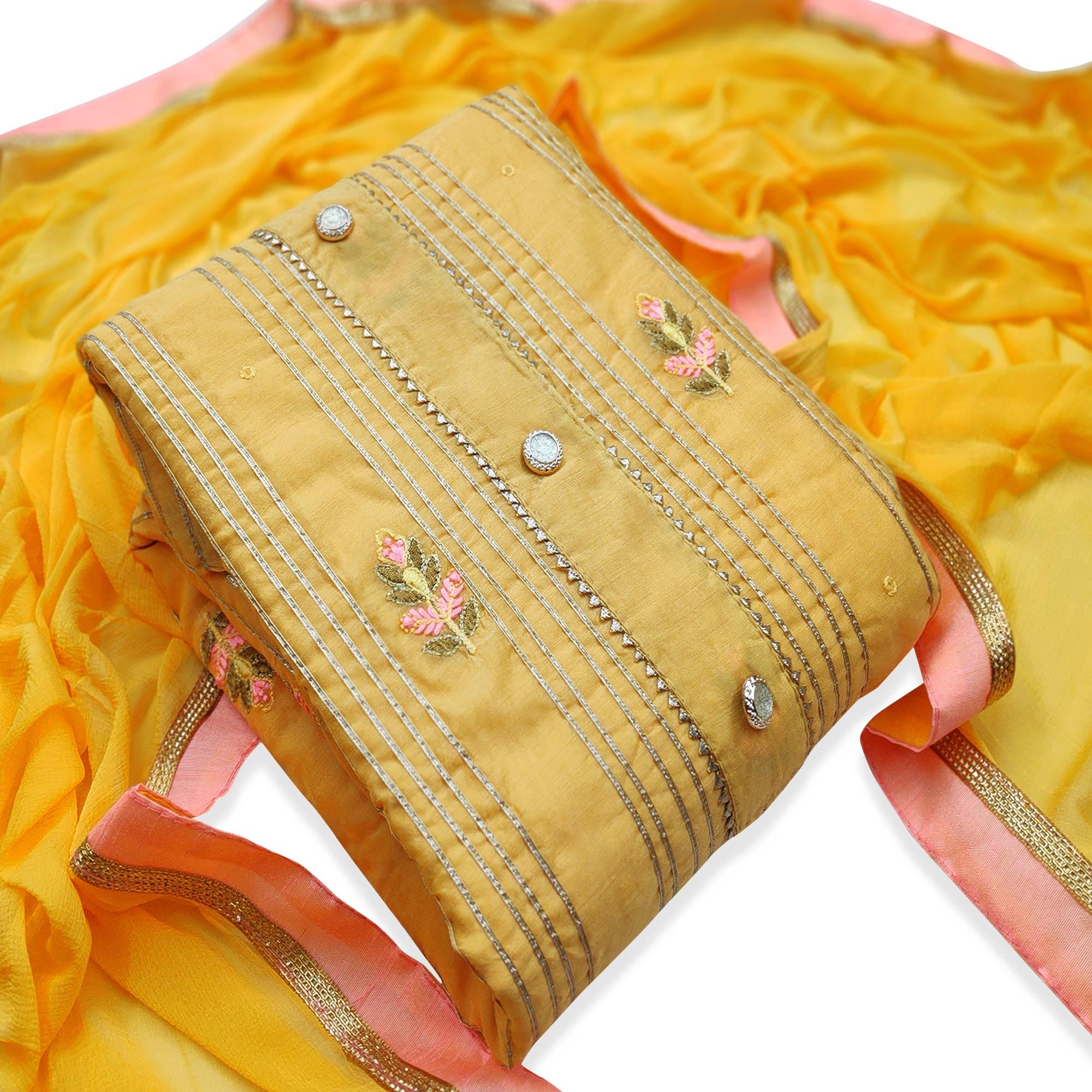 Mesmeric Yellow Colored Casual Wear Embroidered Modal Dress Material - Peachmode