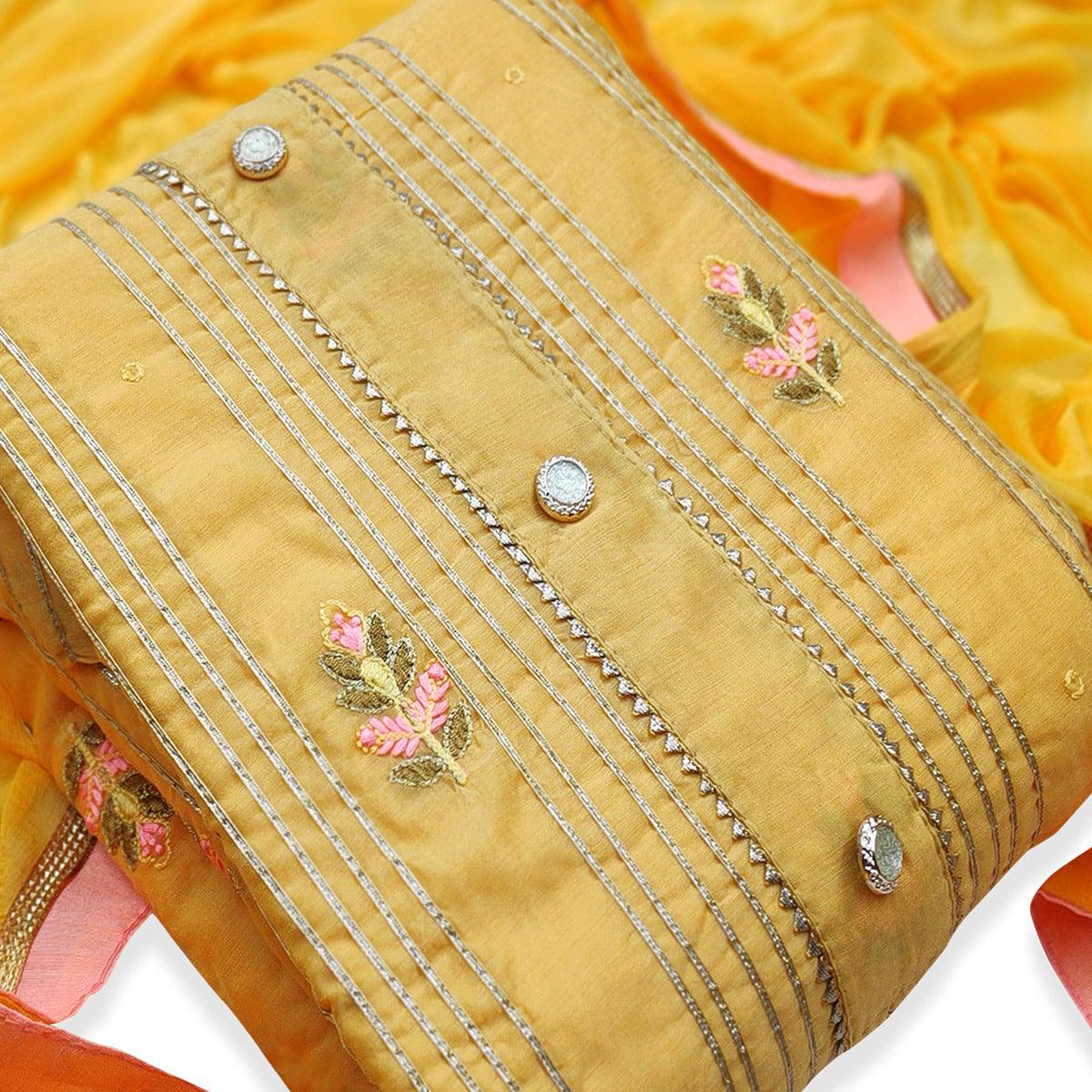 Mesmeric Yellow Colored Casual Wear Embroidered Modal Dress Material - Peachmode
