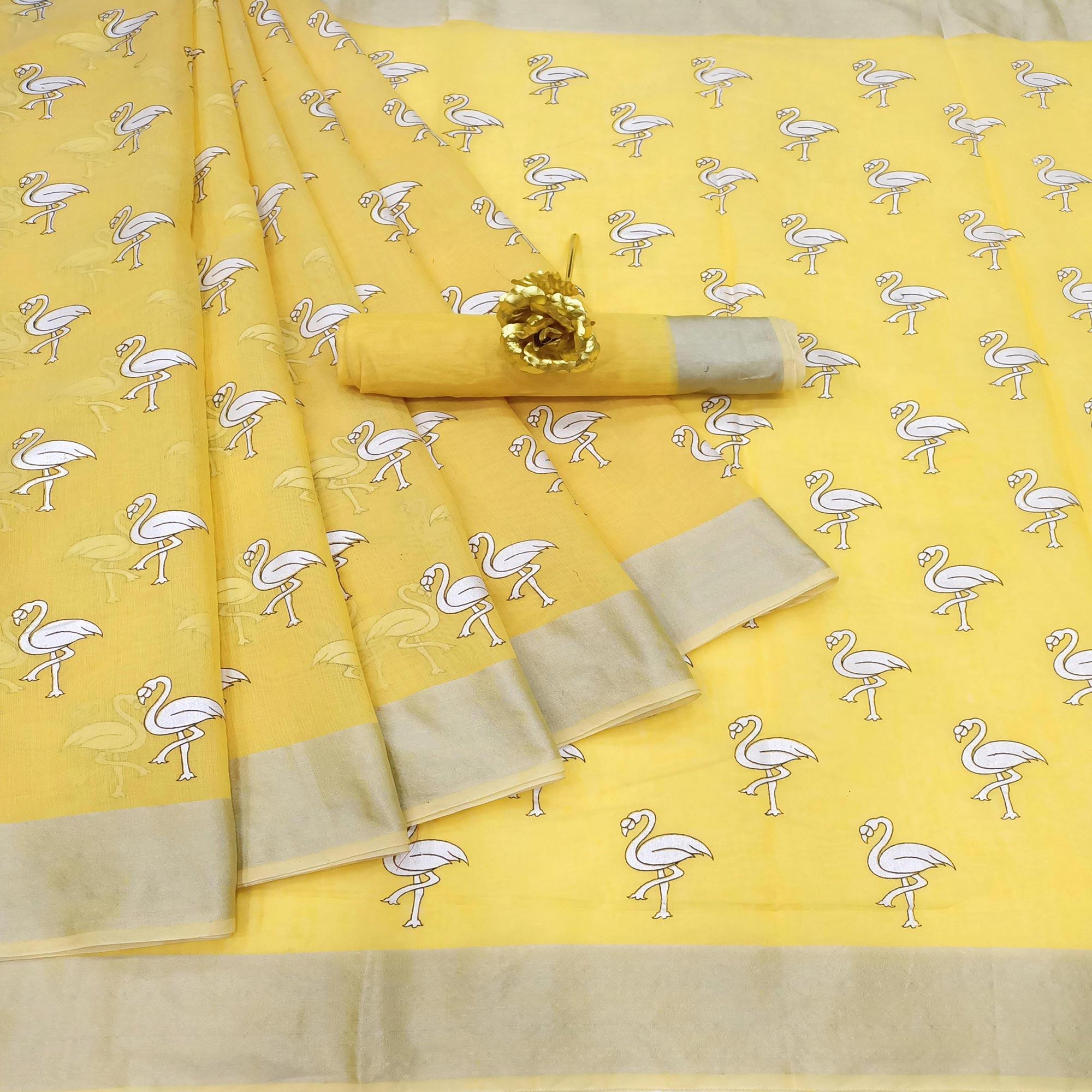 Mesmeric Yellow Colored Casual Wear Printed Cotton Linen Saree - Peachmode