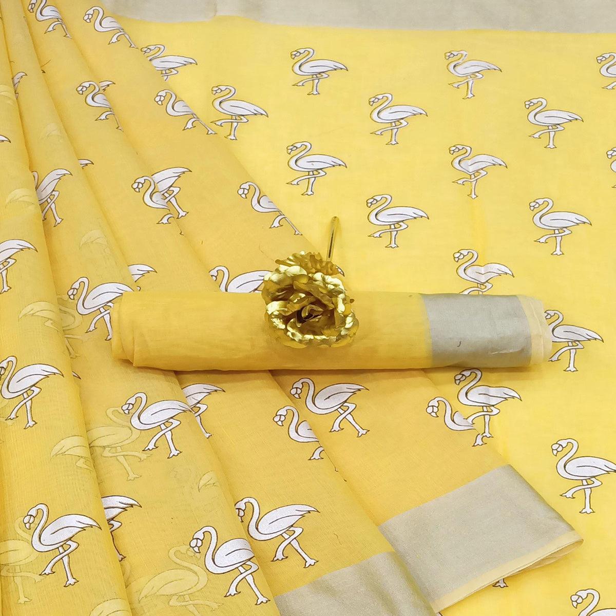 Mesmeric Yellow Colored Casual Wear Printed Cotton Linen Saree - Peachmode