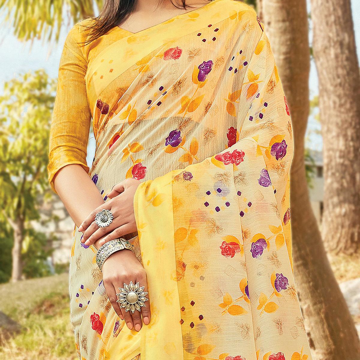 Mesmeric Yellow Colored Casual Wear Printed Cotton Saree - Peachmode