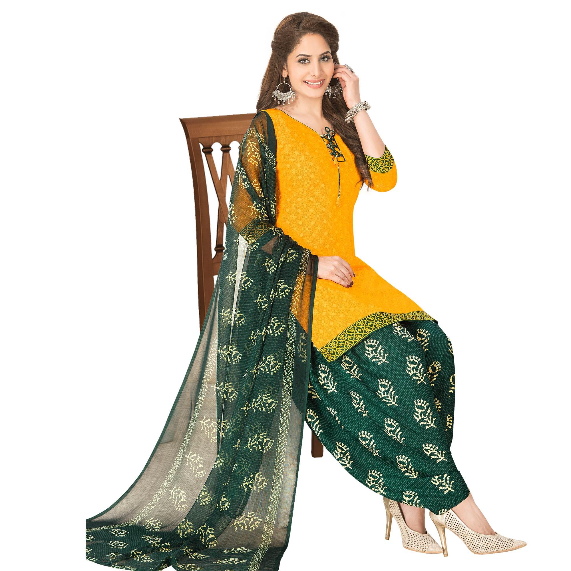 Mesmeric Yellow Colored Casual Wear Printed Crepe Patiala Dress Material - Peachmode