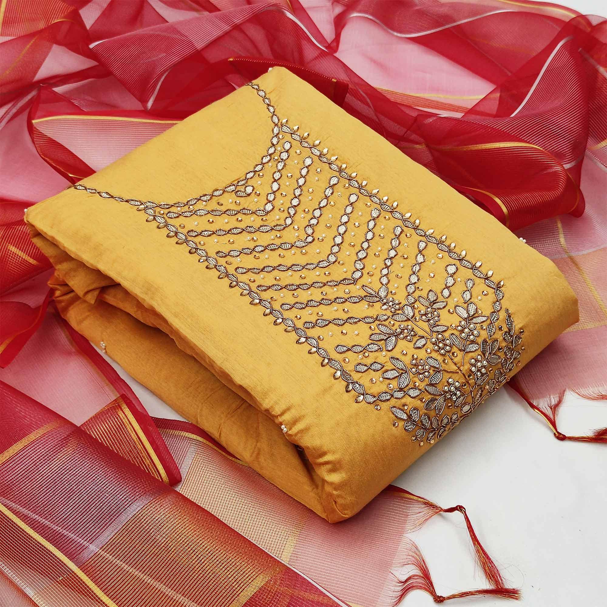 Mesmeric Yellow Colored Festive Wear Handwork Modal Chanderi Dress Material - Peachmode