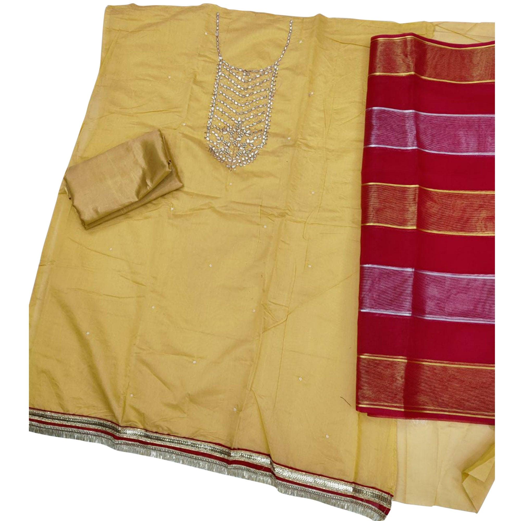 Mesmeric Yellow Colored Festive Wear Handwork Modal Chanderi Dress Material - Peachmode