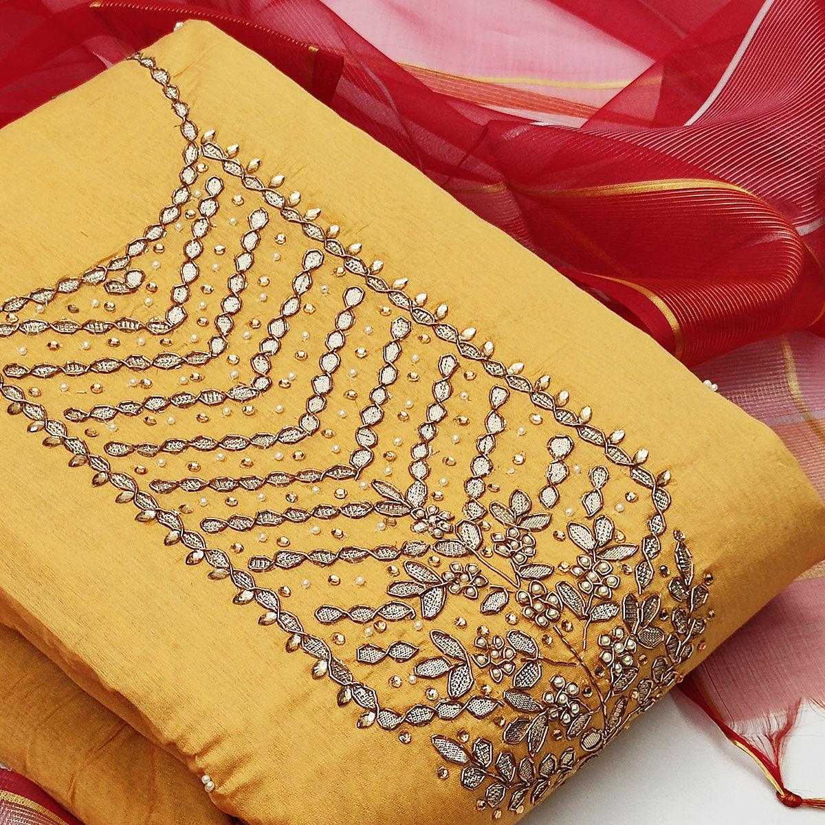 Mesmeric Yellow Colored Festive Wear Handwork Modal Chanderi Dress Material - Peachmode