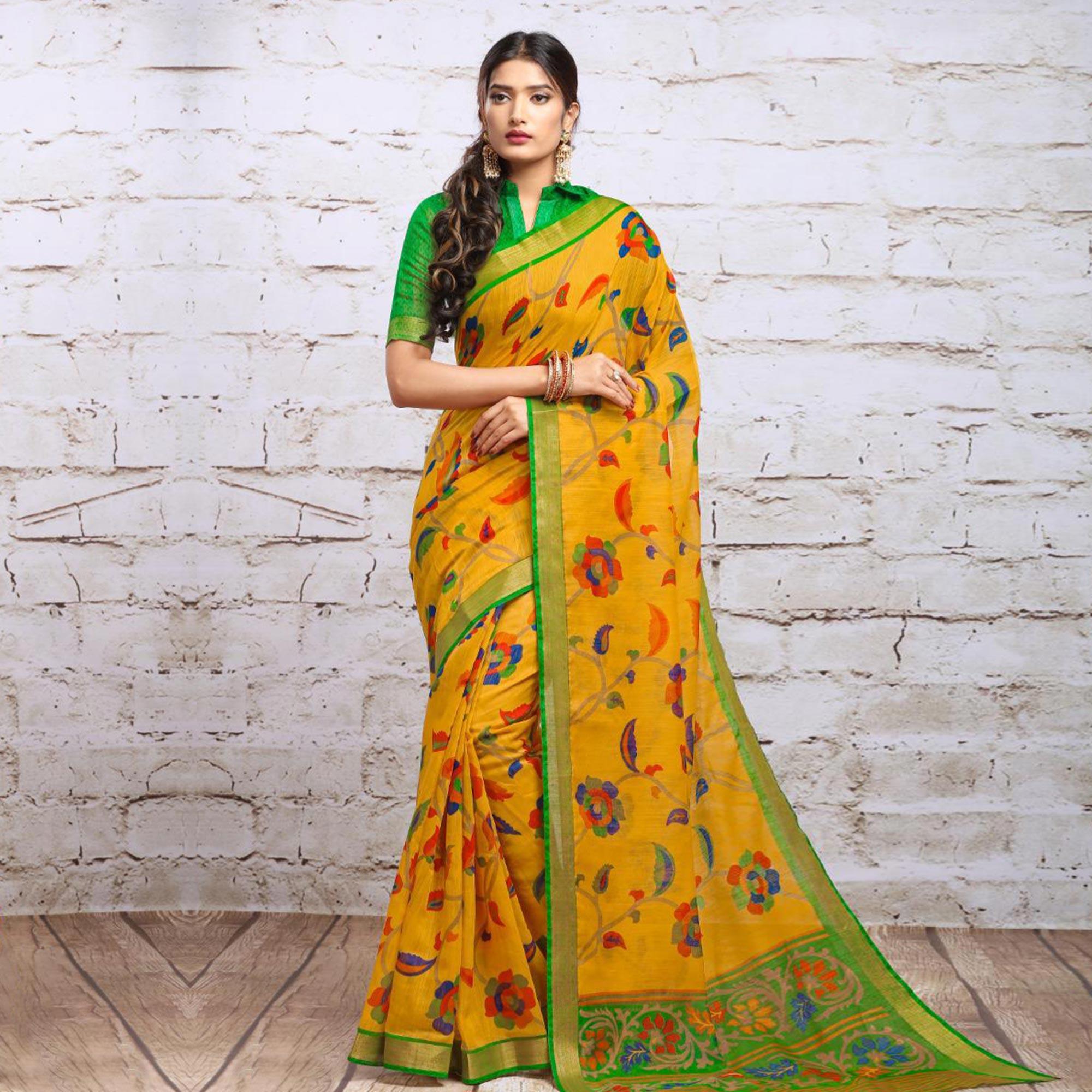 Mesmeric Yellow Colored Partywear Floral Printed Cotton Silk Saree - Peachmode
