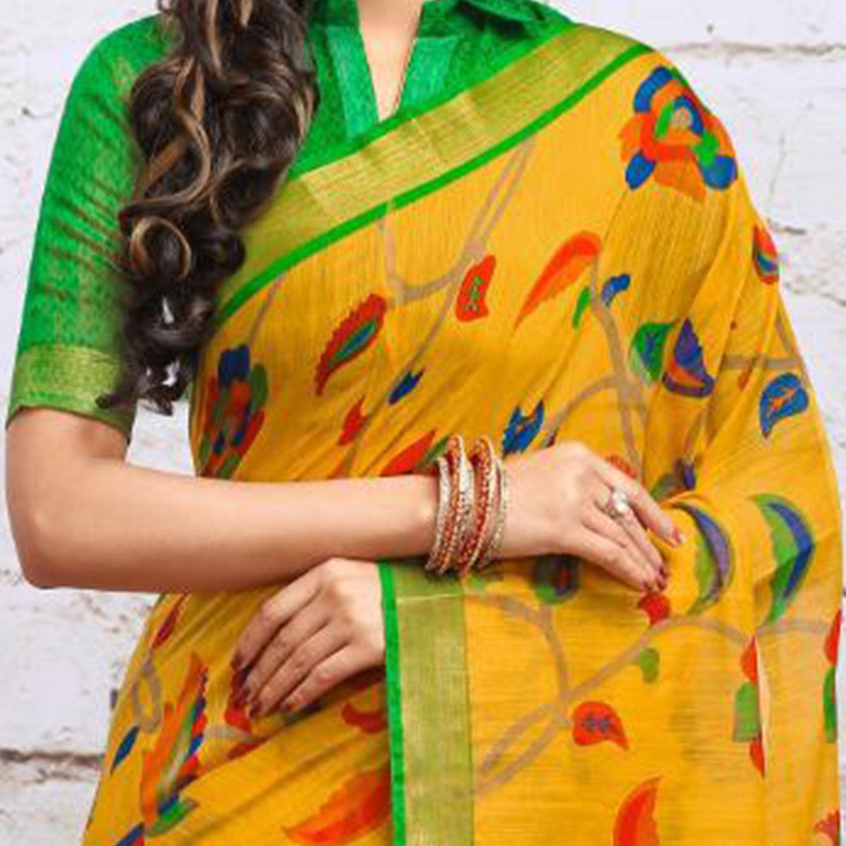 Mesmeric Yellow Colored Partywear Floral Printed Cotton Silk Saree - Peachmode