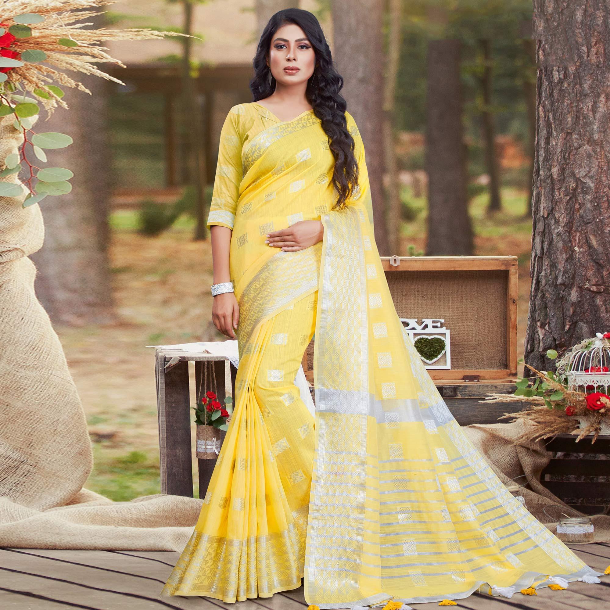 Mesmeric Yellow Coloured Partywear Woven Linen Cotton Saree - Peachmode