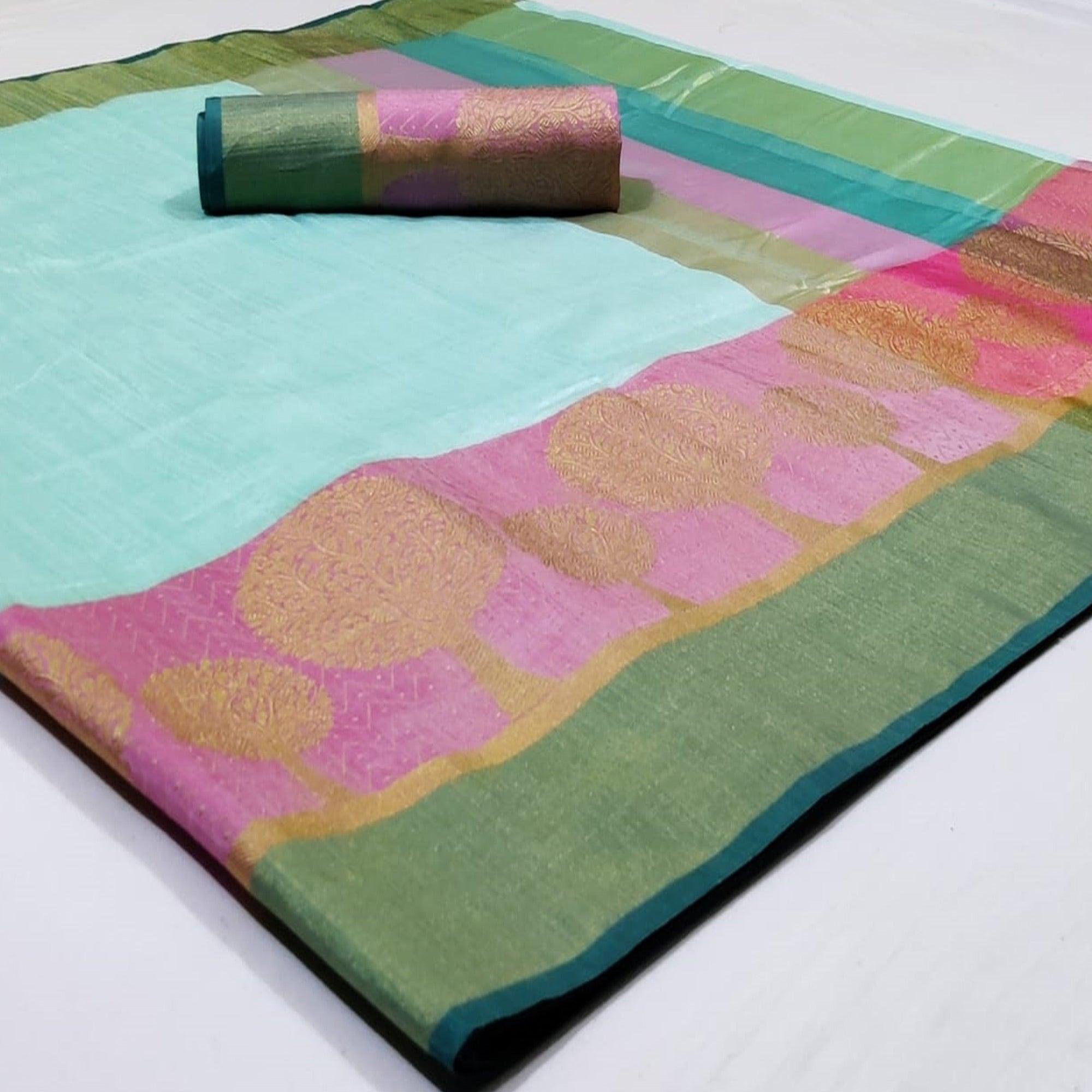 Mesmerising Aqua Blue Colored Festive Wear Woven Silk Saree - Peachmode