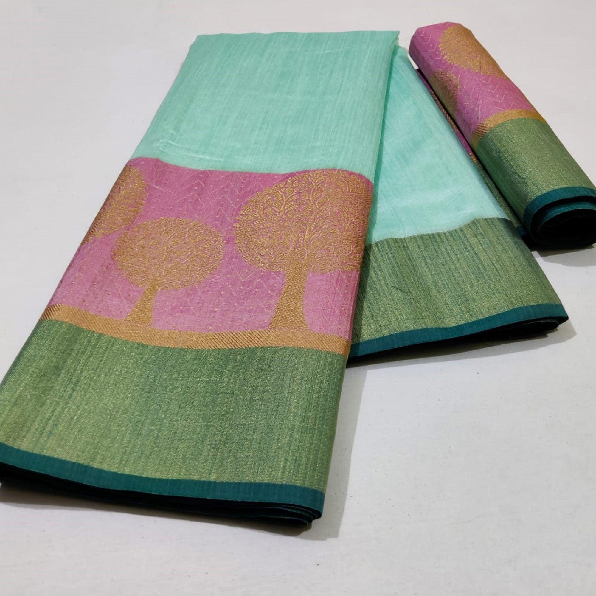 Mesmerising Aqua Blue Colored Festive Wear Woven Silk Saree - Peachmode