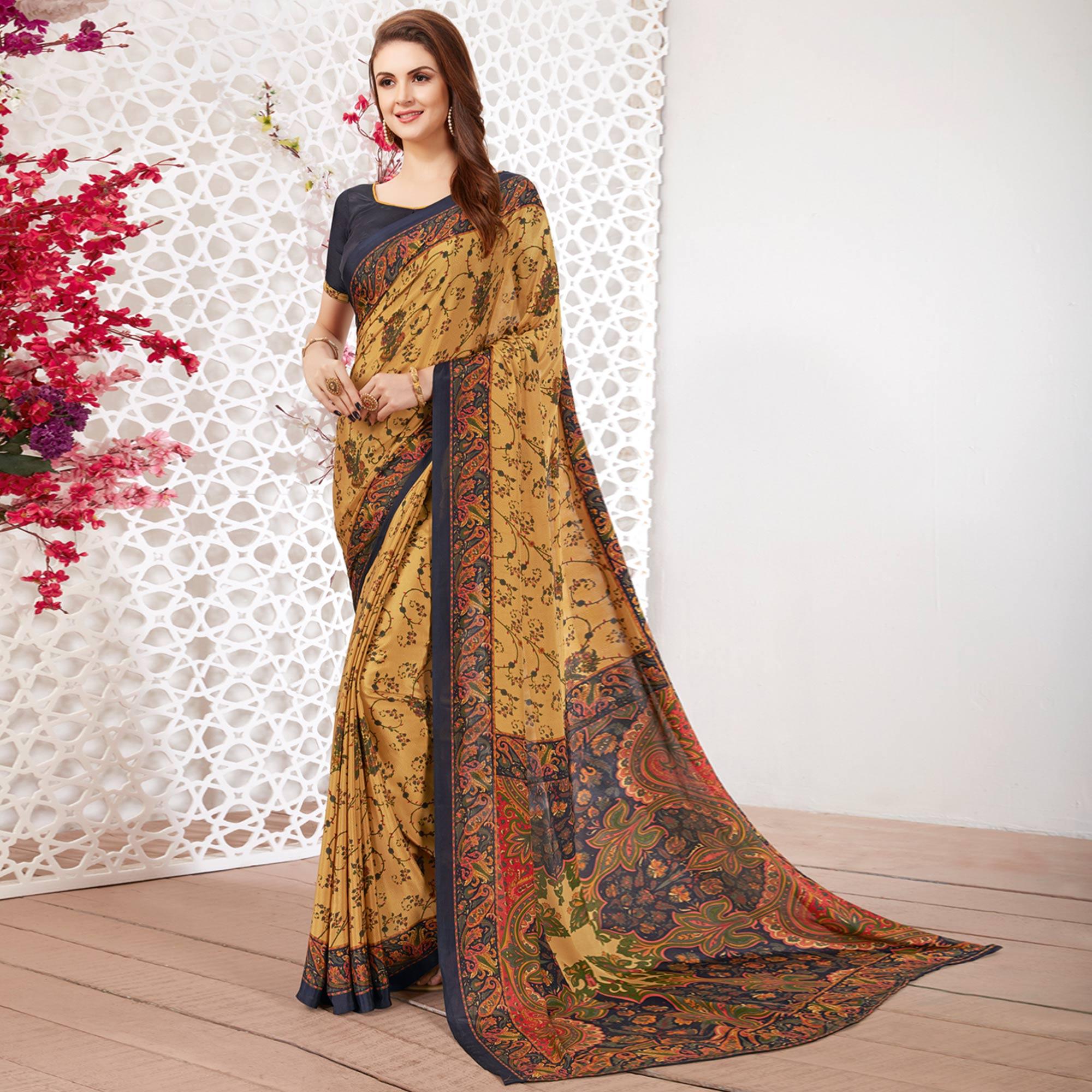 Mesmerising Beige Colored Casual Wear Printed Crepe Saree - Peachmode
