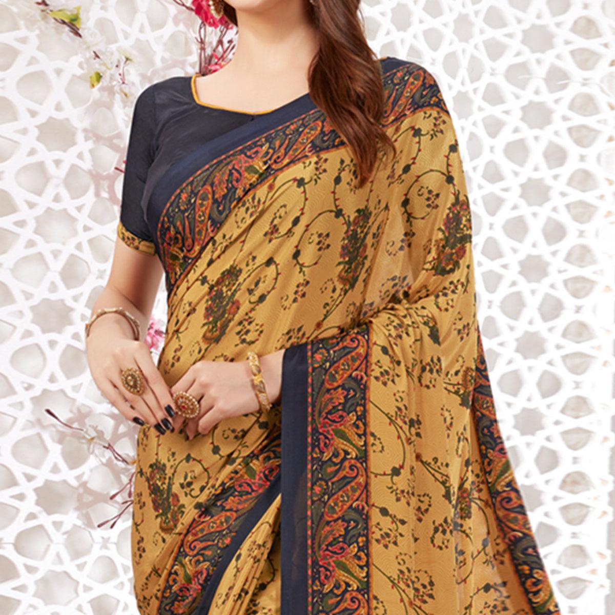 Mesmerising Beige Colored Casual Wear Printed Crepe Saree - Peachmode