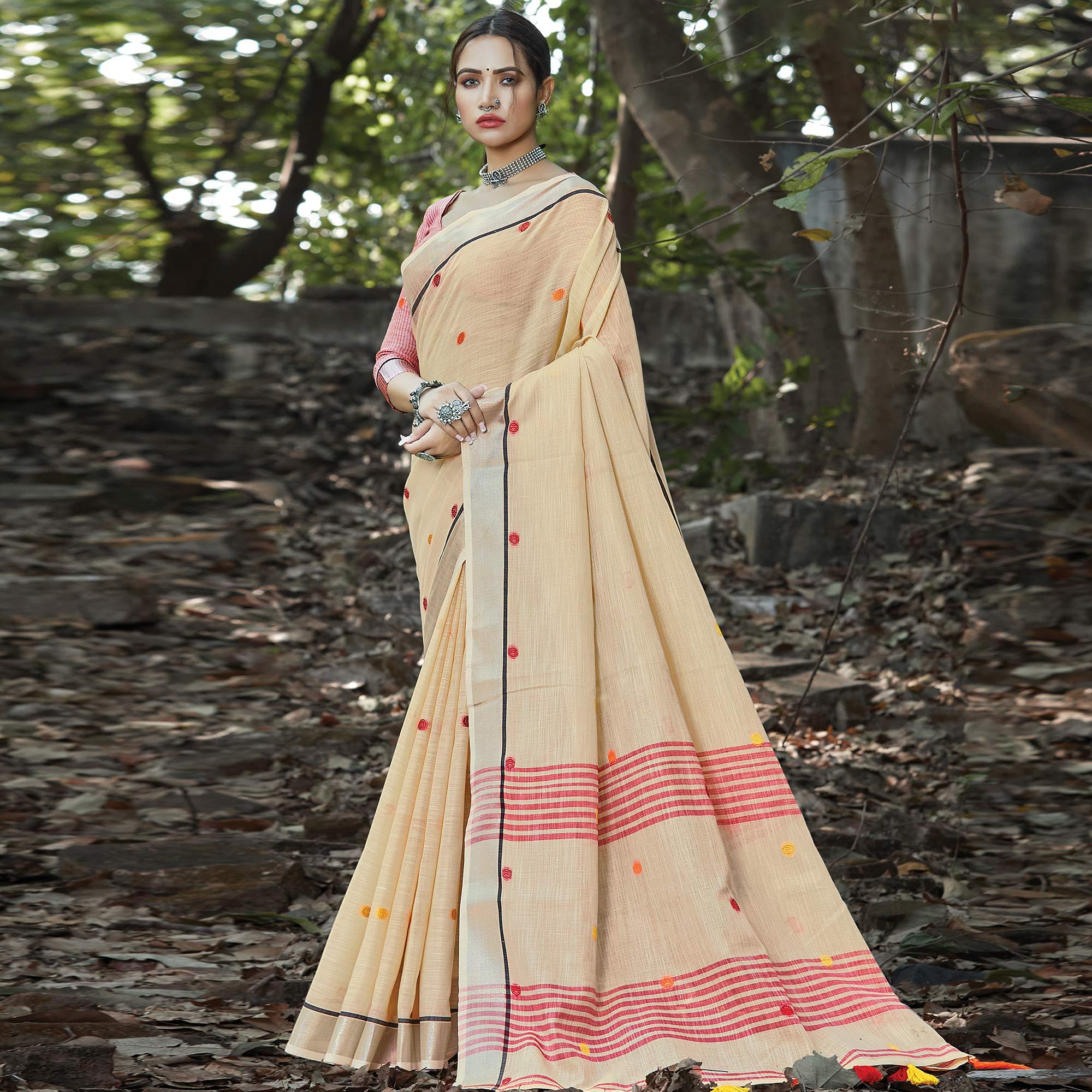 Mesmerising Beige Colored Festive Wear Printed Linen Saree - Peachmode
