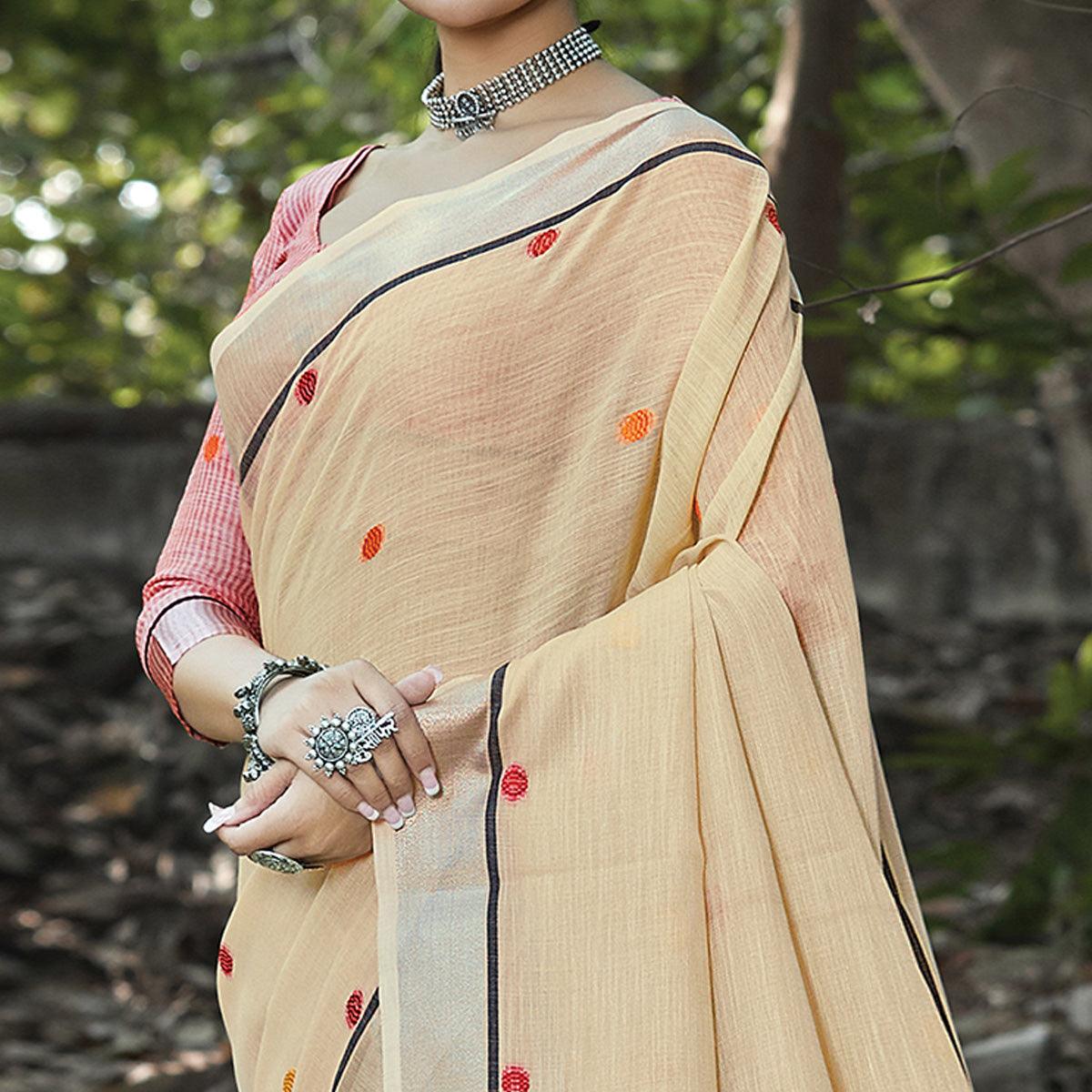 Mesmerising Beige Colored Festive Wear Printed Linen Saree - Peachmode