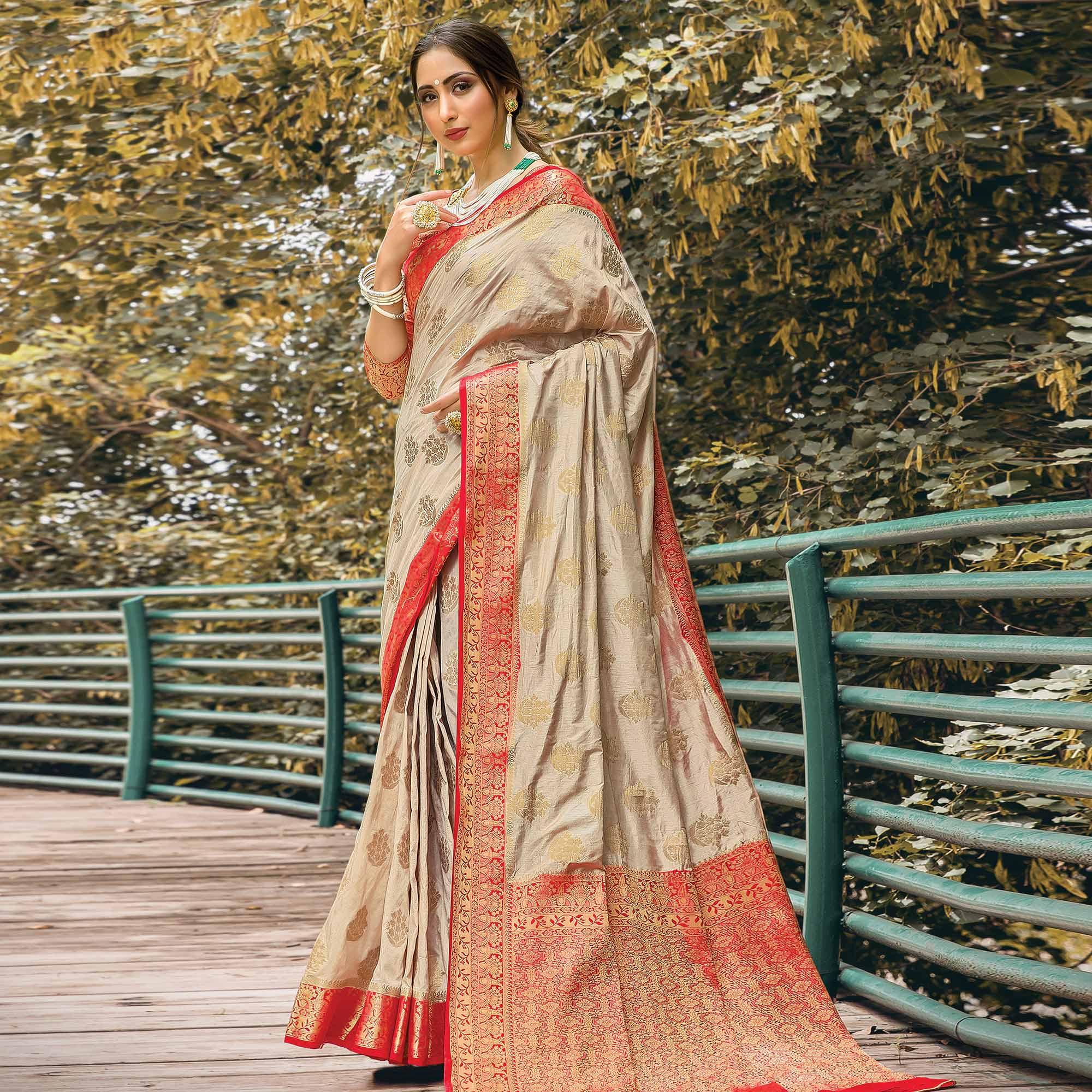 Mesmerising Beige Colored Festive Wear Woven Nylon Silk Saree - Peachmode