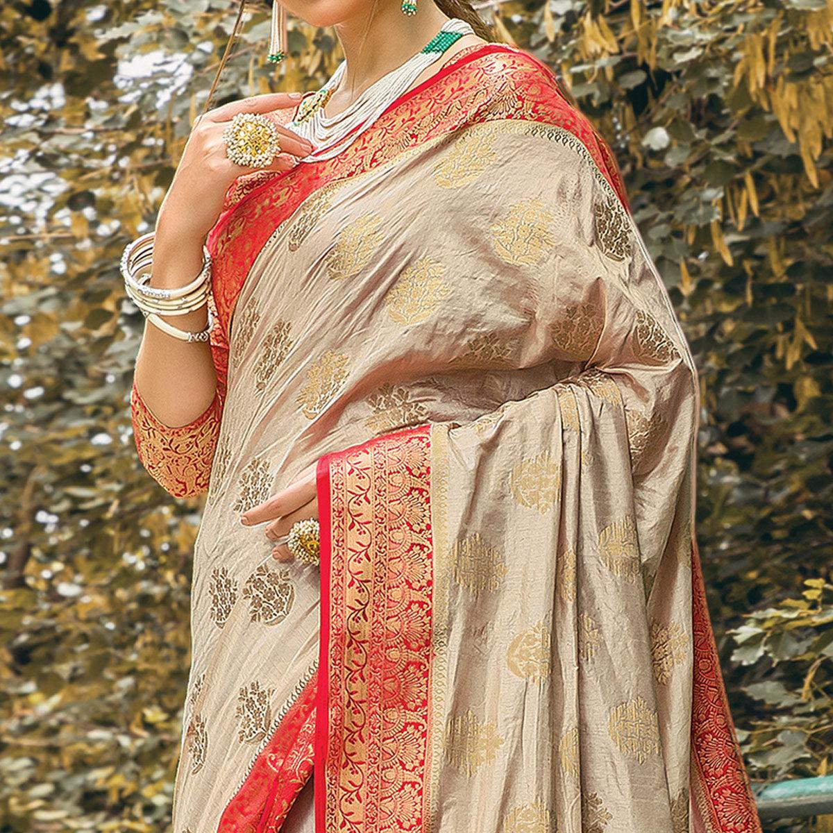 Mesmerising Beige Colored Festive Wear Woven Nylon Silk Saree - Peachmode