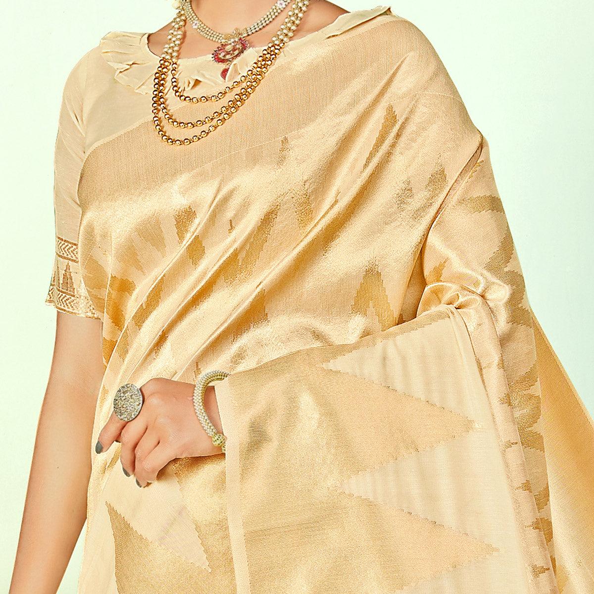 Mesmerising Beige Colored Festive Wear Woven Silk Saree - Peachmode