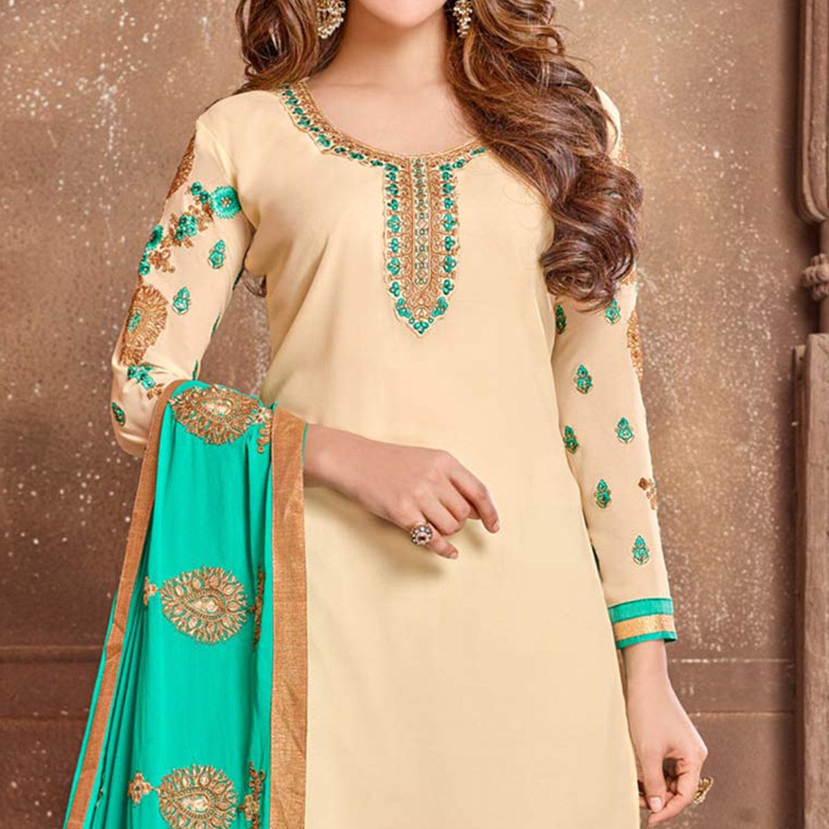 Mesmerising Beige Colored Partywear Embroidered Georgette Suit - Peachmode