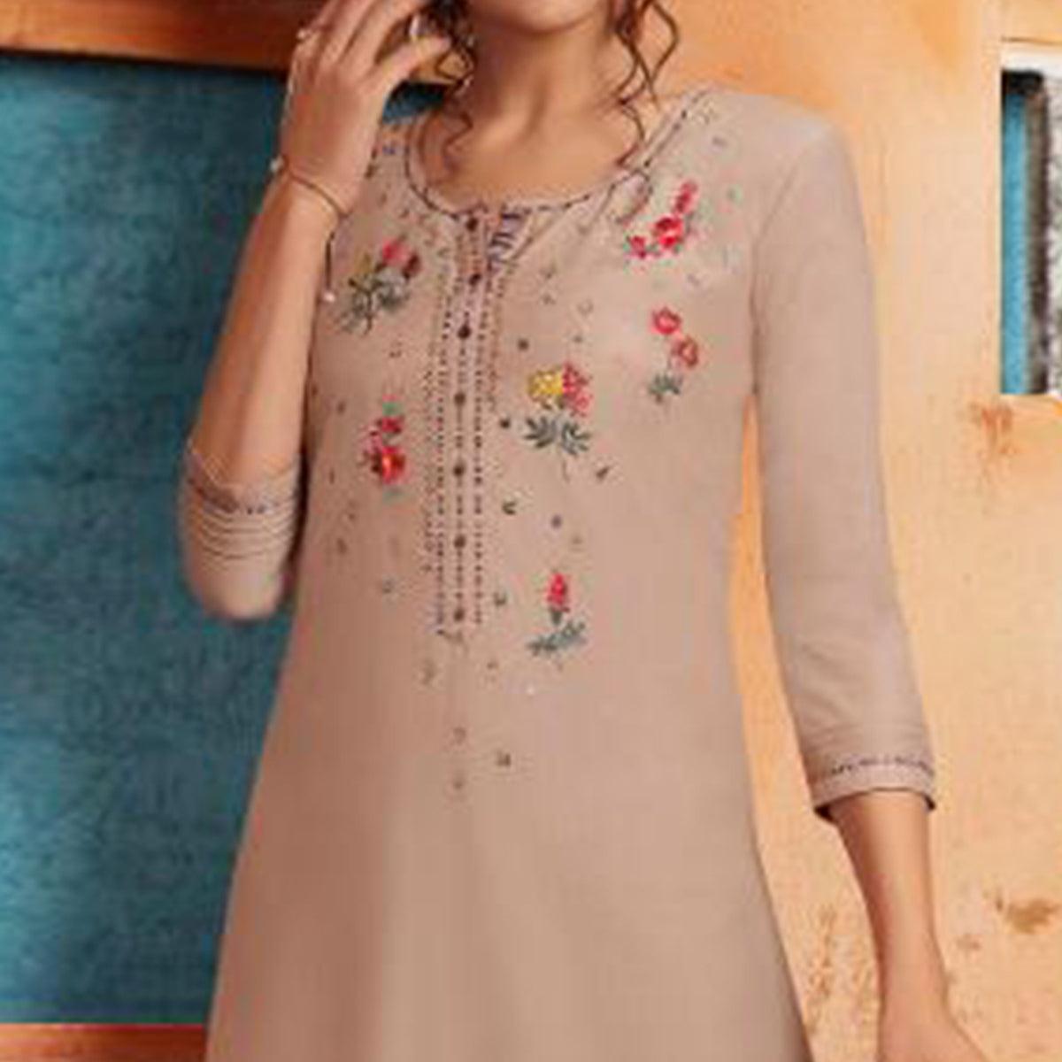 Mesmerising Beige Colored Partywear Embroidered Pure Muslin-Silk Kurti-Palazzo Set - Peachmode