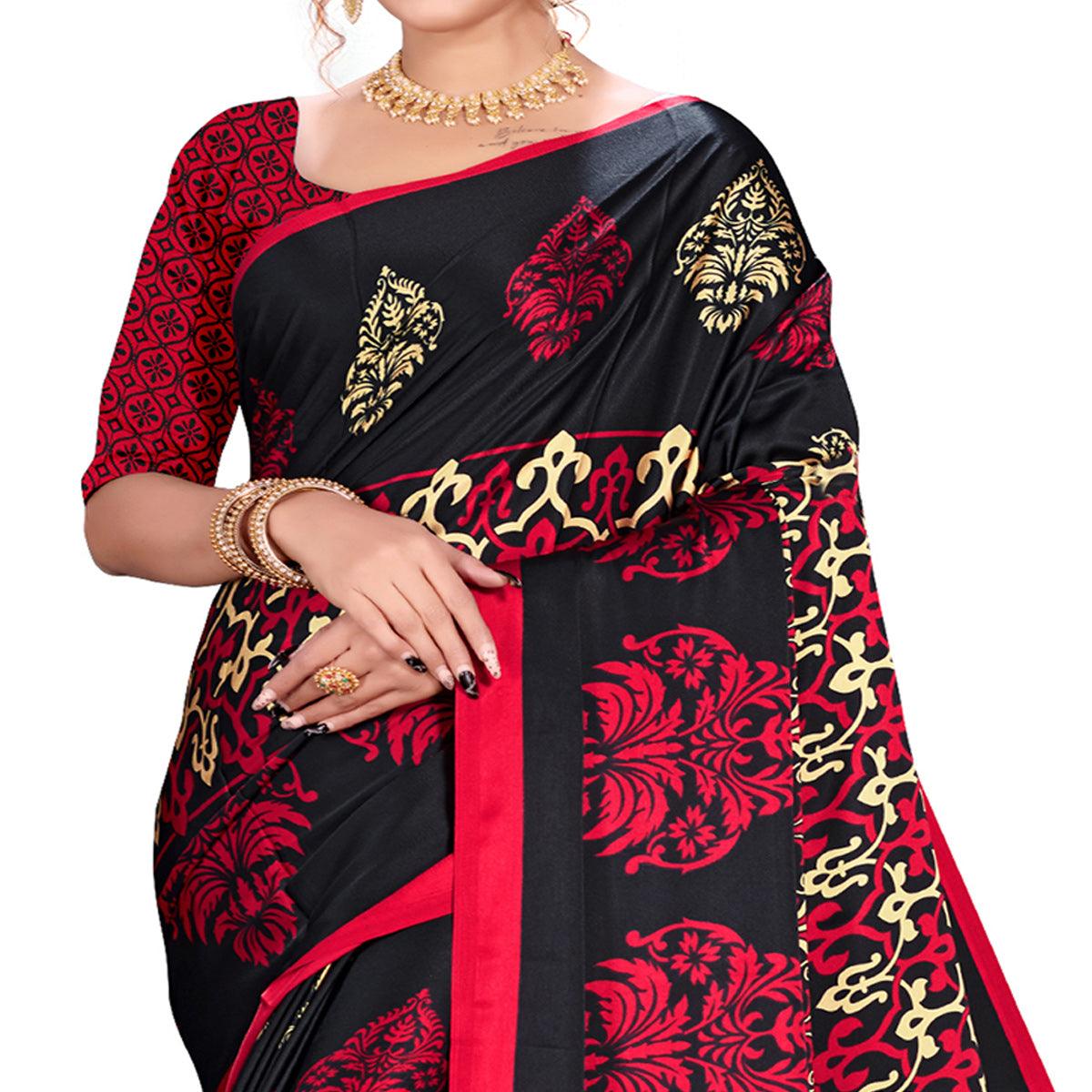 Mesmerising Black Colored Festive Wear Printed Satin Crepe Saree - Peachmode