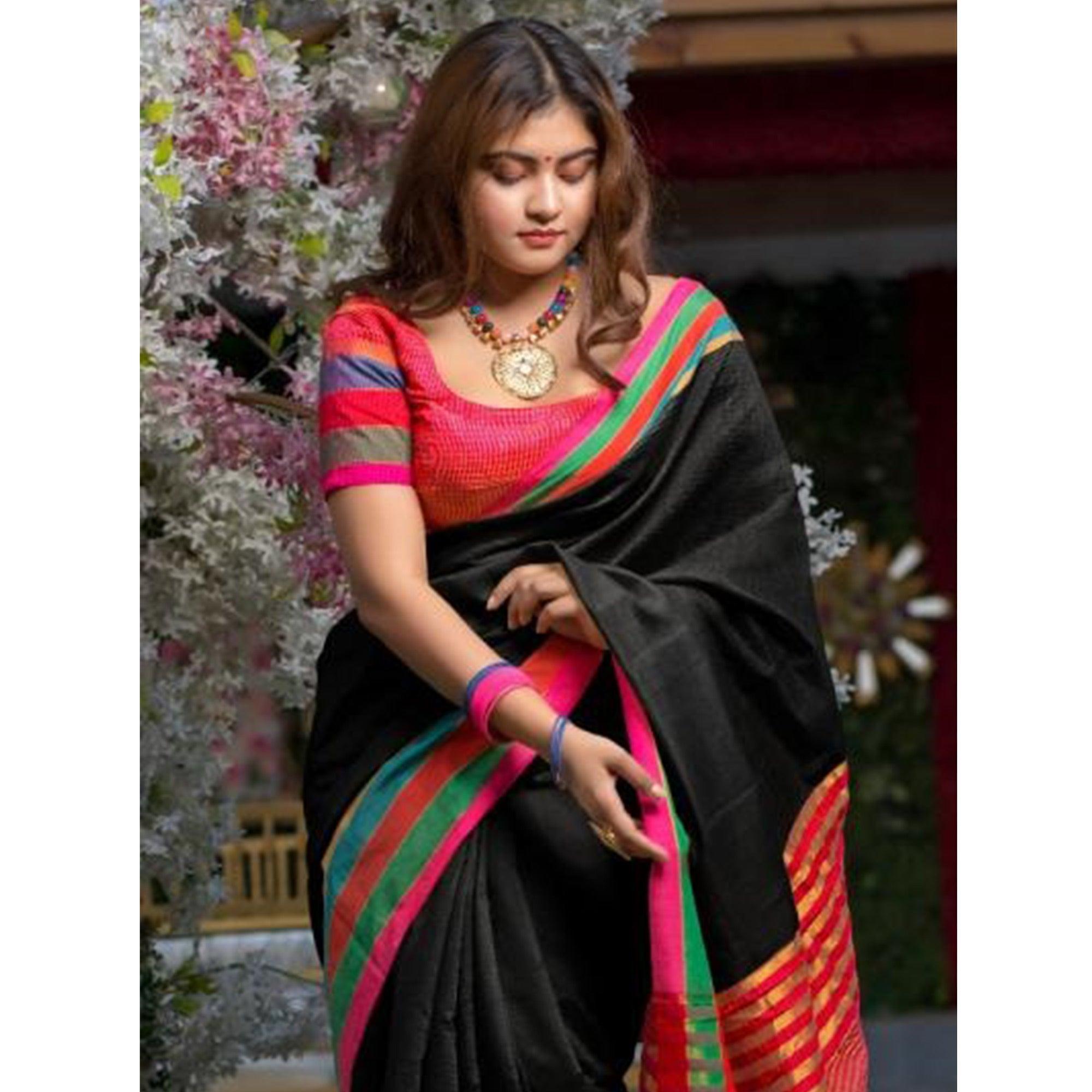Mesmerising Black Colored Festive Wear Woven Cotton Saree - Peachmode